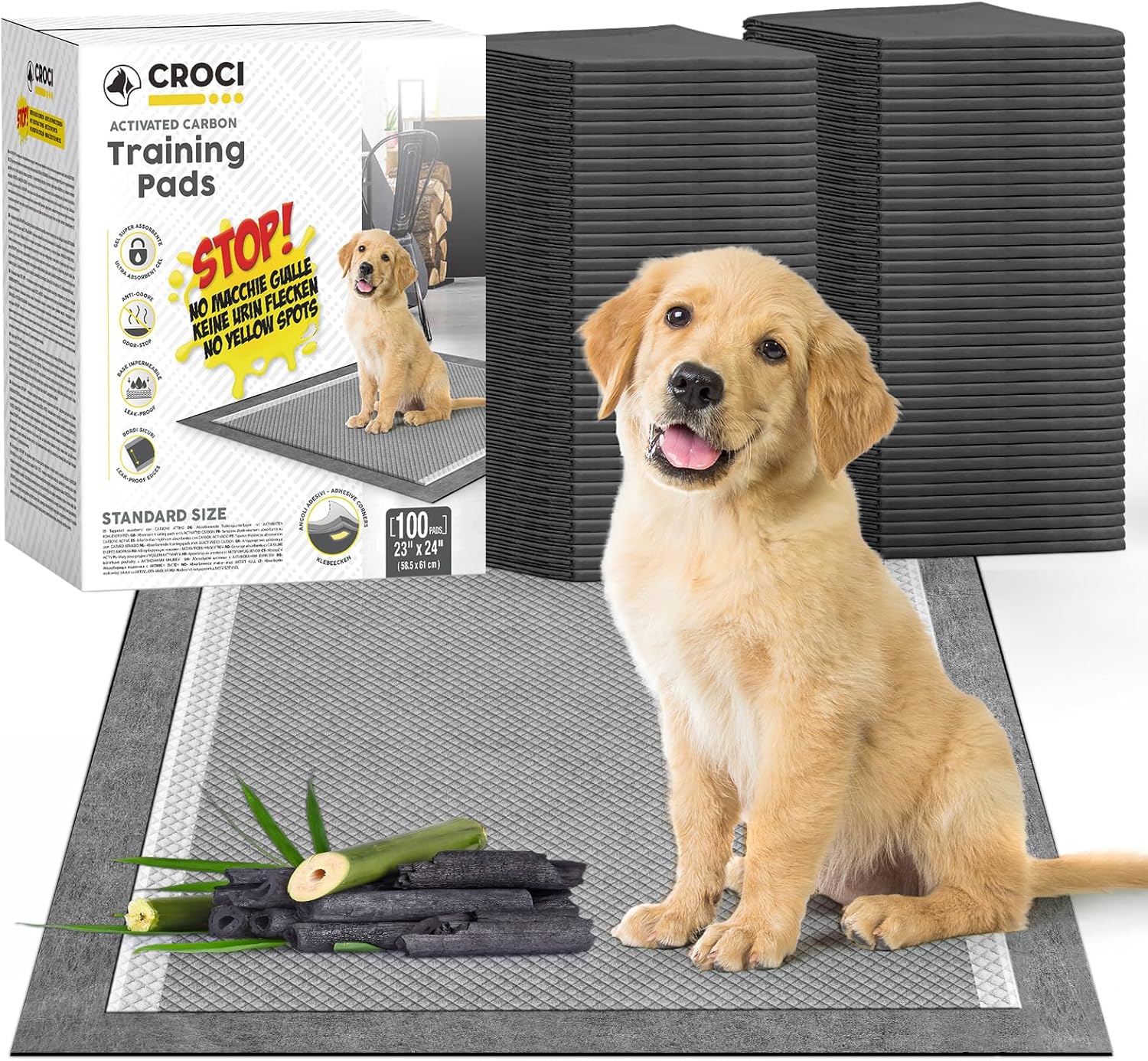 CROCI Charcoal Puppy Pads 23″x24″ Standard Size, Odor-Control Carbon Dog Training Pads Absorbs Up to 4 Cups of Liquid, 6-Layer Leak-Proof & Quick Dry Pee Pads for Dogs, Disposable (100 Counts)