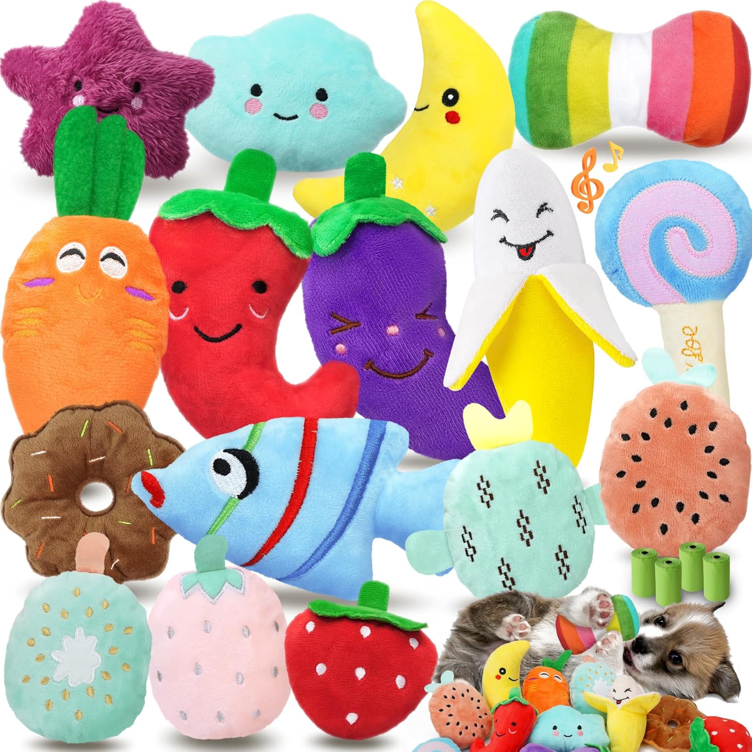 Charming Chorus 20-Pack Squeaky Dog Toys Set – Included 4 Dog Bags, Plush Puppy Toys with Irresistibly Cute Characters for Small Dogs, Interactive Dog Squeak Toys for Fun&Teeth Cleaning