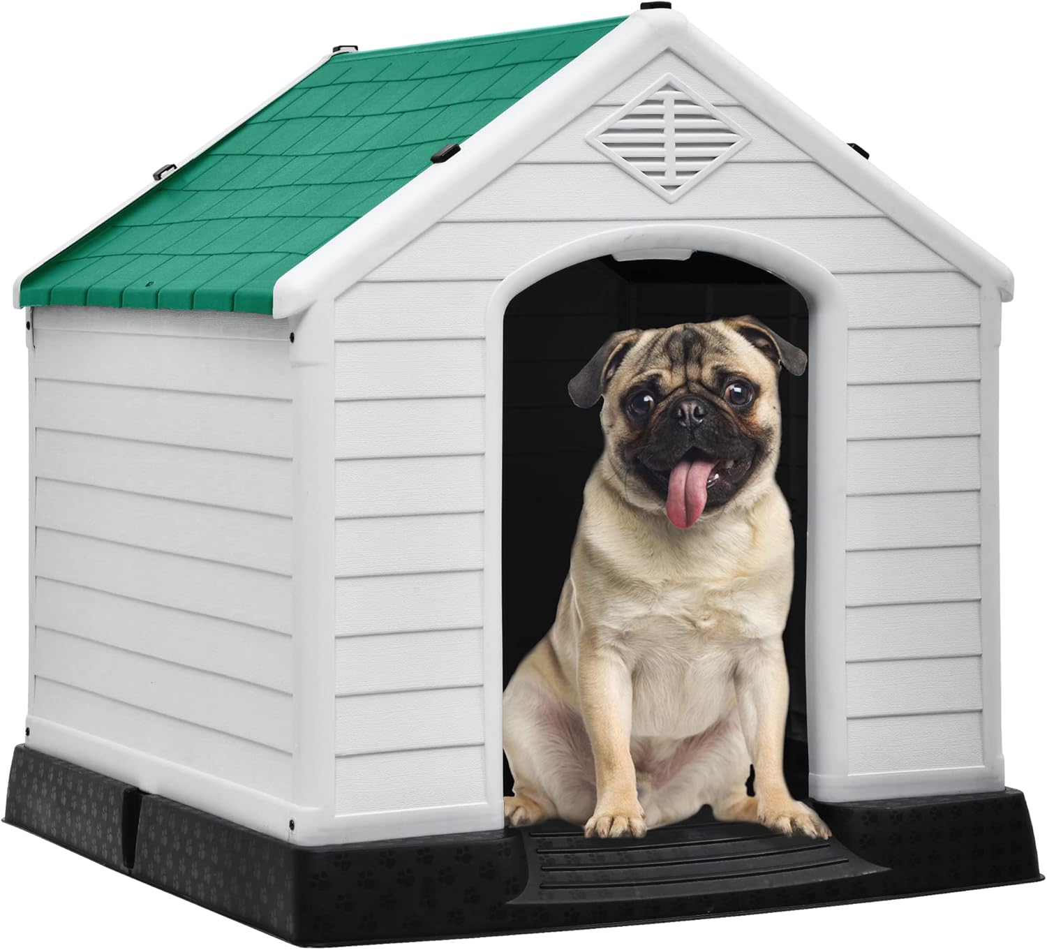 DWVO Large Outdoor Dog House, Plastic Doghouse with Air Vents and Ground Nails, Insulated Water Resistant Puppy Shelter for Small Medium Dogs (28.5”L x 26”W x 28”H, Green)