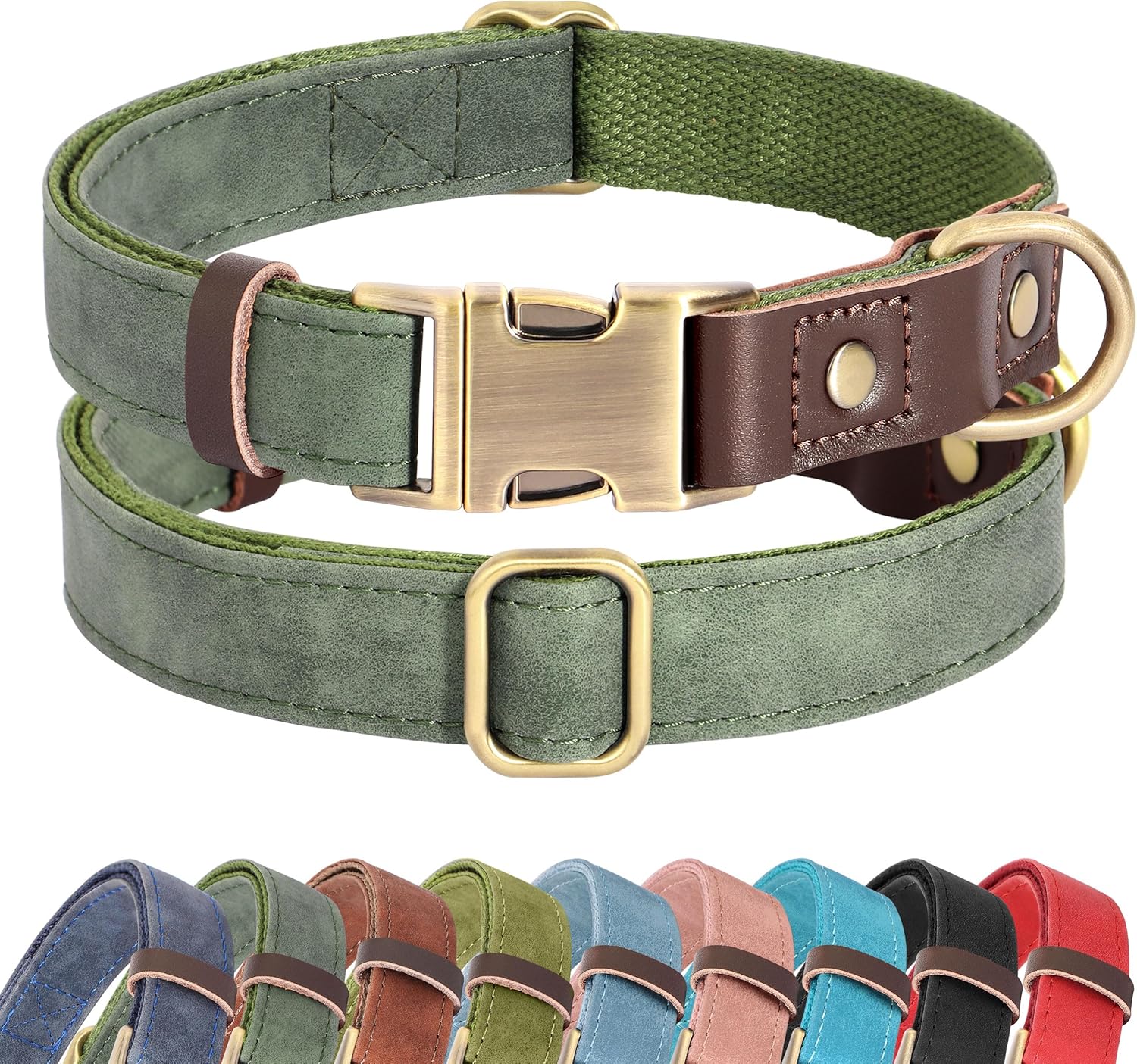 Didog Soft PU Leather Dog Collars for Small Dogs,Classic Adjustable Dog Collars with Quick Release Metal Buckle,Easy Clean and Comfortable with Nylon Lining,Green,S Neck 10-15″