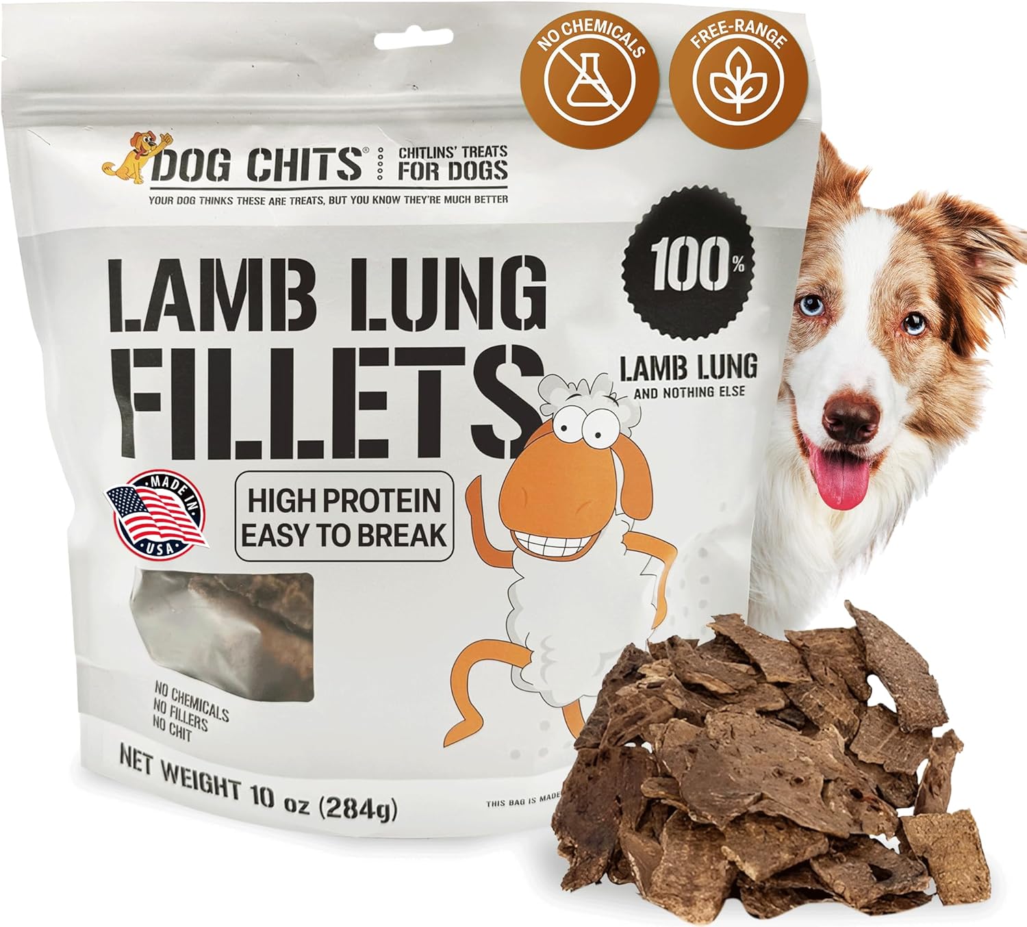 Dog Chits Lamb Lung Fillets Dog and Puppy Treats – Made in USA – Easy to Break – Slices – Random Shape – All Natural – Great for Training – High Protein – Low Fat – Large 10 oz. Bag