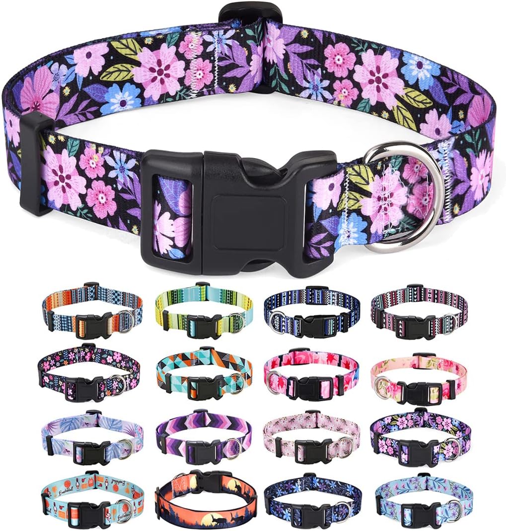 Dog Collar with Bohemia Floral Tribal Geometric Patterns – Soft Ethnic Style Collar Adjustable for Small Medium Large Dogs(Floral Pink,M)