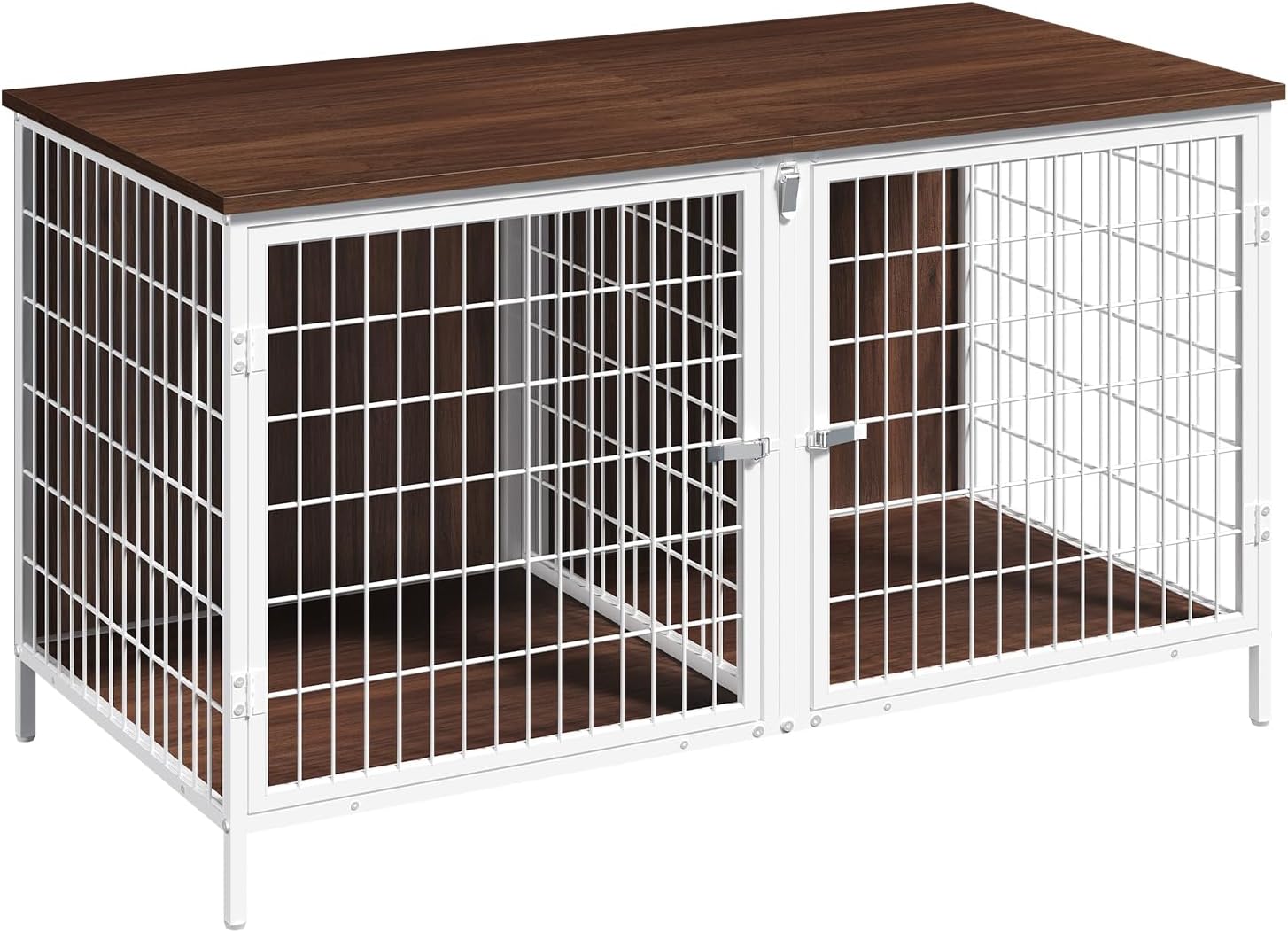 Dog Crate Furniture for 2 Dogs, 43.3″ Dog Kennel with Removable Divider, Heavy Sturdy Dog Furniture Style Double Cage for Small Medium Dogs, Indoor Pet House End Table, White and Walnut