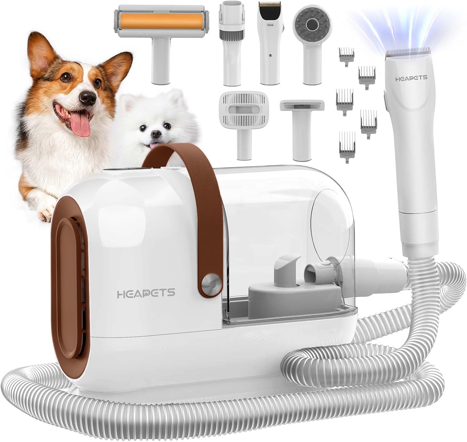 Dog Grooming Vacuum Kit – 3L Vacuum with 7 Tools, Low Noise Electric Clipper and Brush for Pet Shedding at Home, White