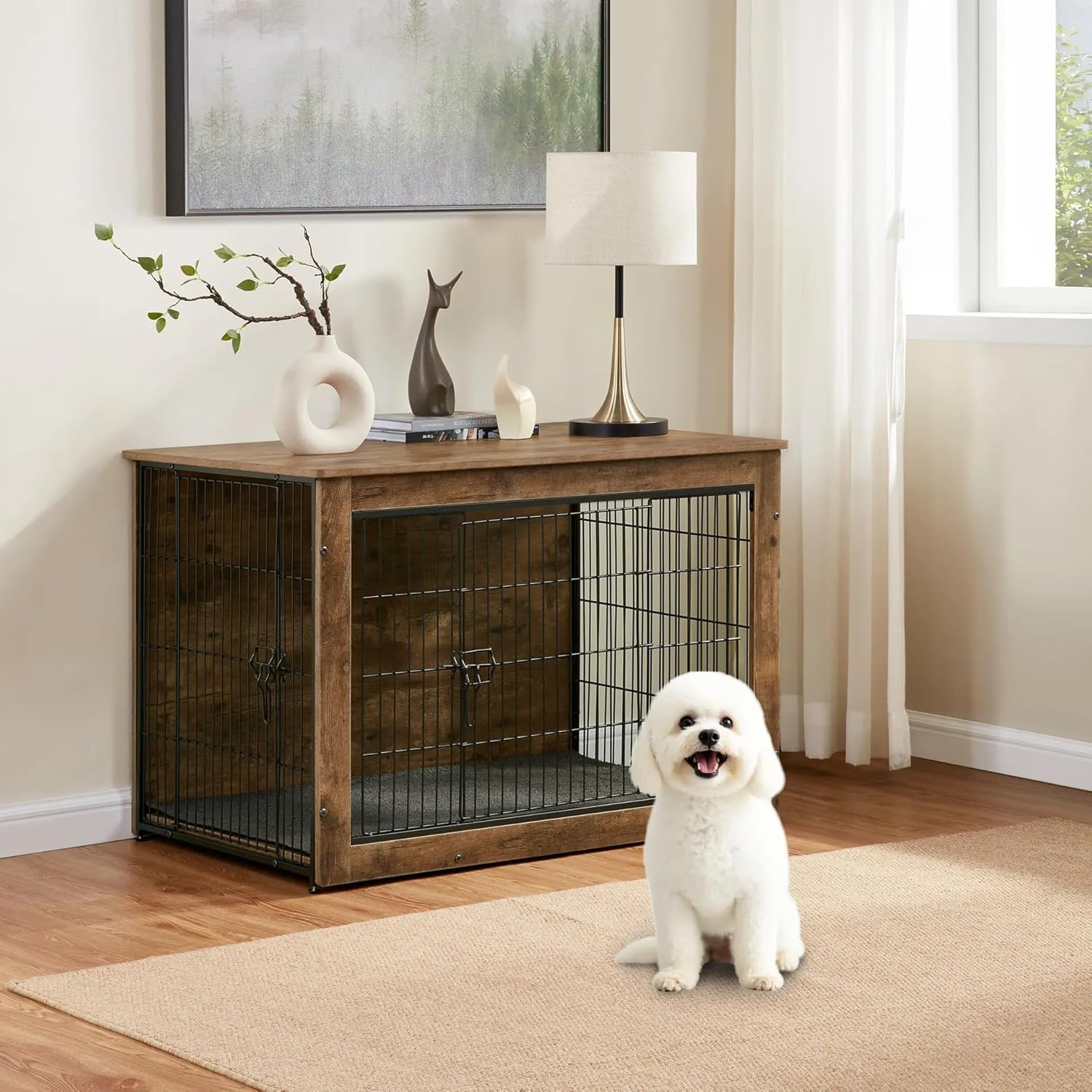 Dog Kennel Furniture, Wooden Dog Crate End Table, Heavy Duty Dog Crate, Decorative Pet Crate Dog Cage for Large Indoor Use (Rustic Brown) 27″ L×20″ W×23″ H