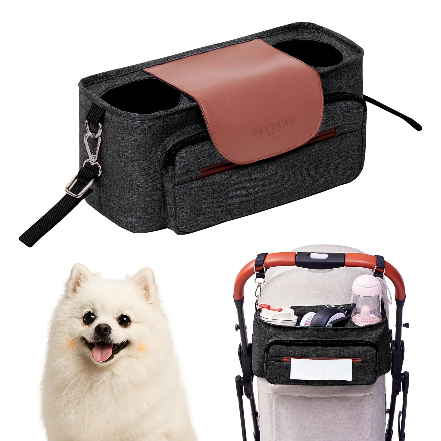Dog Stroller Organizer with 2 Cup Holders, Treat Pocket, Non-Slip Straps, Dog Stroller Accessories, Storage Bag for Pet Essentials