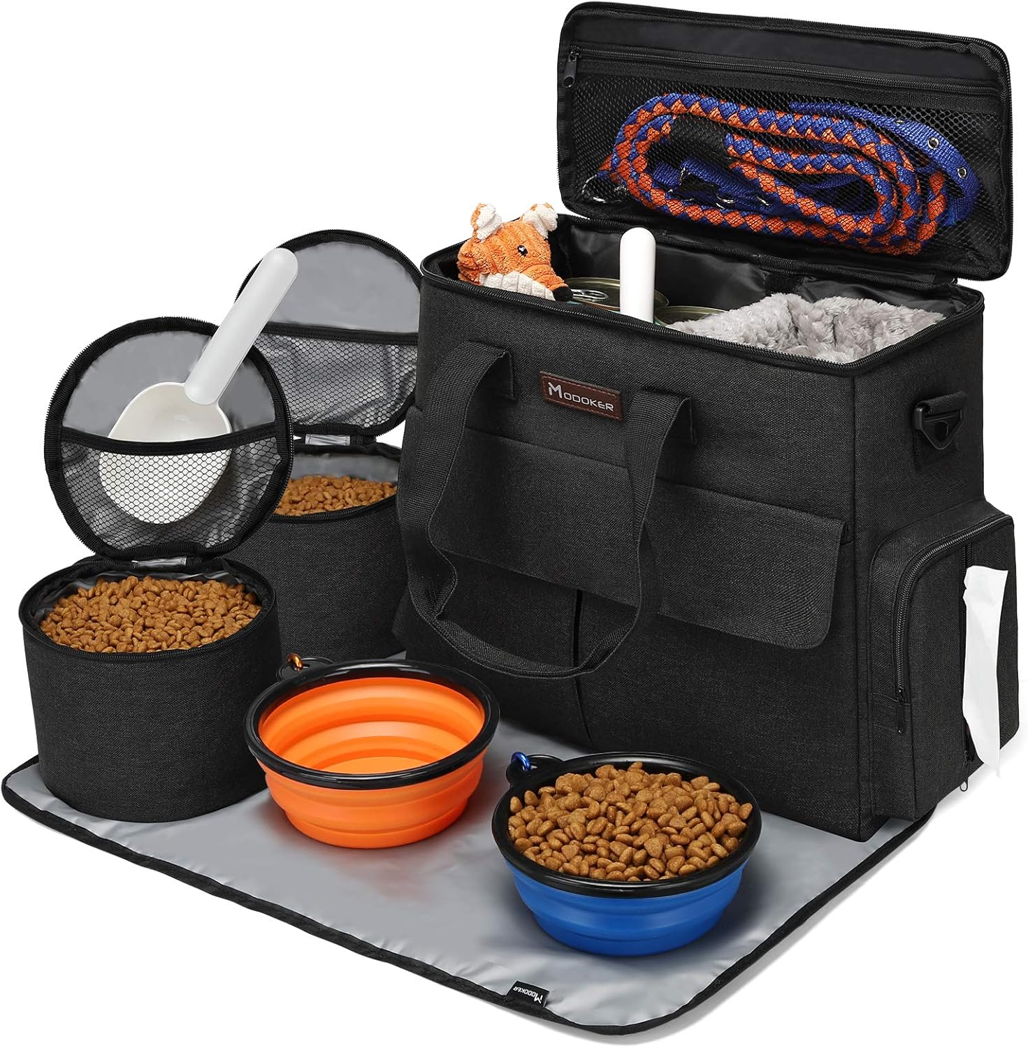 Dog Travel Bag by Modoker – Dog Travel Kit for a Weekend Away Set Includes Pet Travel Bag Organizer for Accessories, 2 Collapsible Bowls, 2 Travel Food Container (Black)