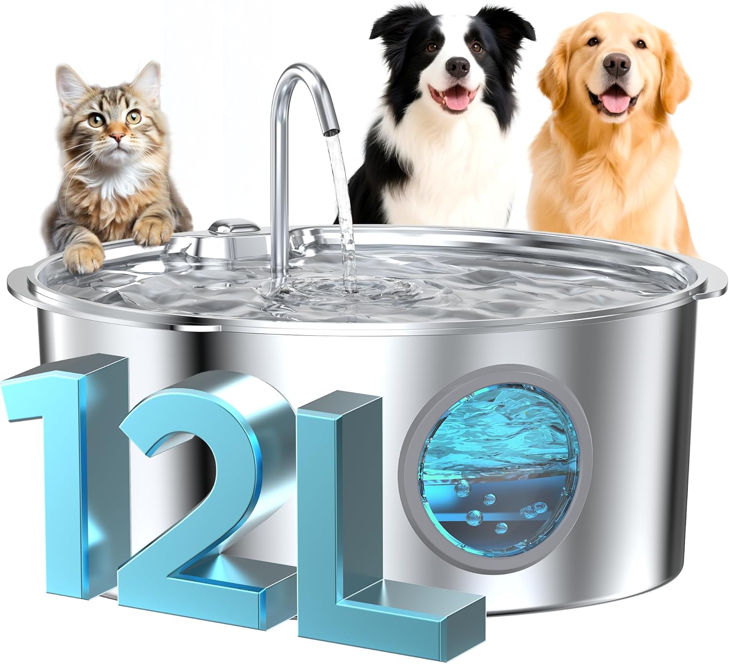 Dog Water Fountain for Large Dogs: Stainless Steel Dog Fountain Water Bowl – 3.2Gal/406oz/12L Super Quiet Big Cat Water Fountain with Visual Water Level -Great for Large Dogs Cats and Multi-Pet Home
