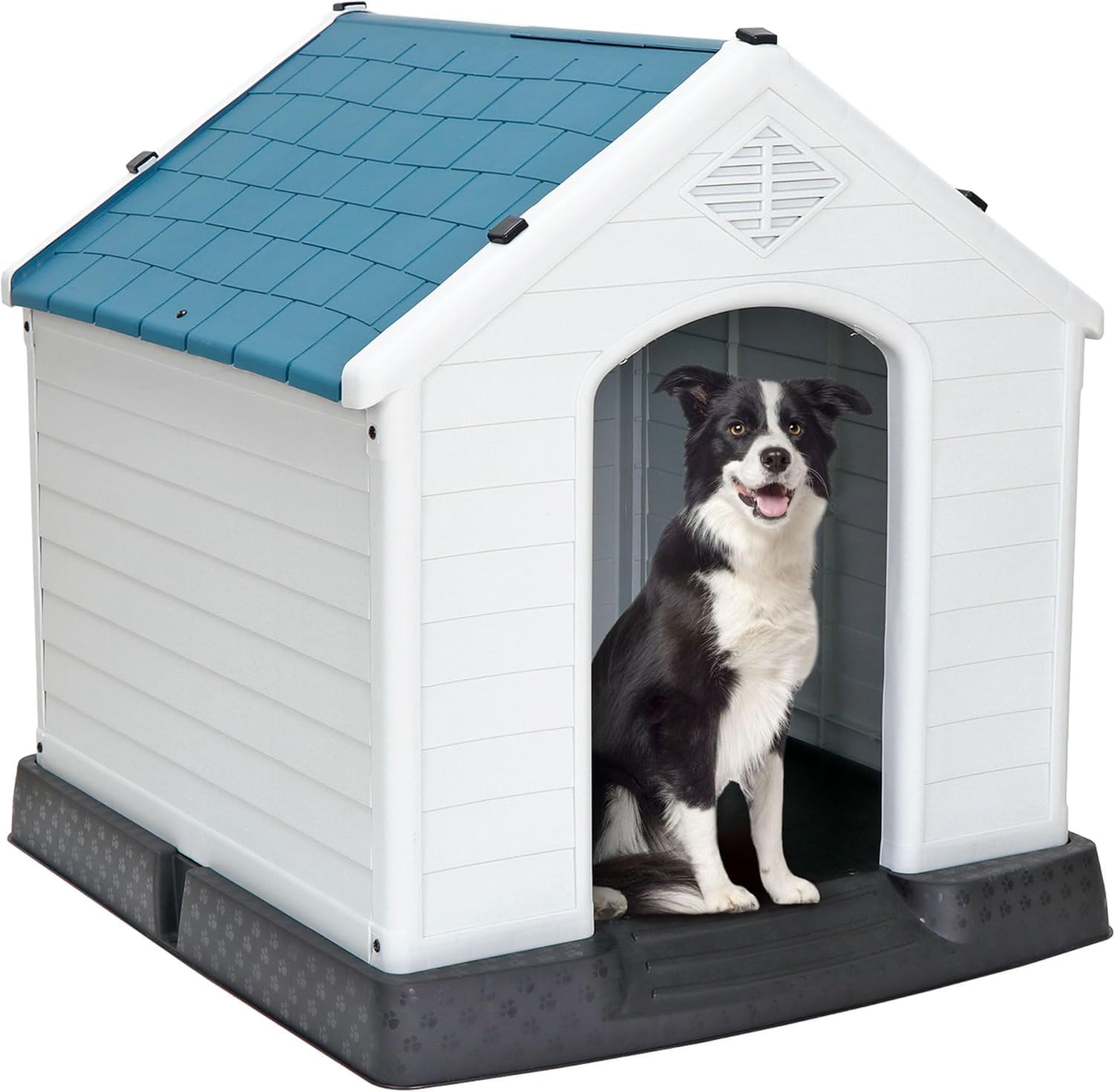 Durable Waterproof Plastic Dog House for Small to Large Dogs Indoor Doghouse Puppy Shelter with Air Vents and Elevated Floor, Outdoor Kennel for Yard, Patio, Garage, Easy to Assemble