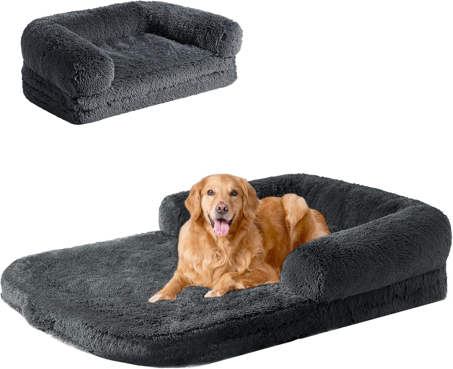 EHEYCIGA Foldable XXL Dog Bed for Large Sized Dog, 54″x38″x7.5″ Faux Fur Fluffy Pet Couch Bed, Orthopedic Calming Memory Foam Big Pet Bed, Washable Pet Sofa Bed with Non-Slip Bottom, Dark Grey