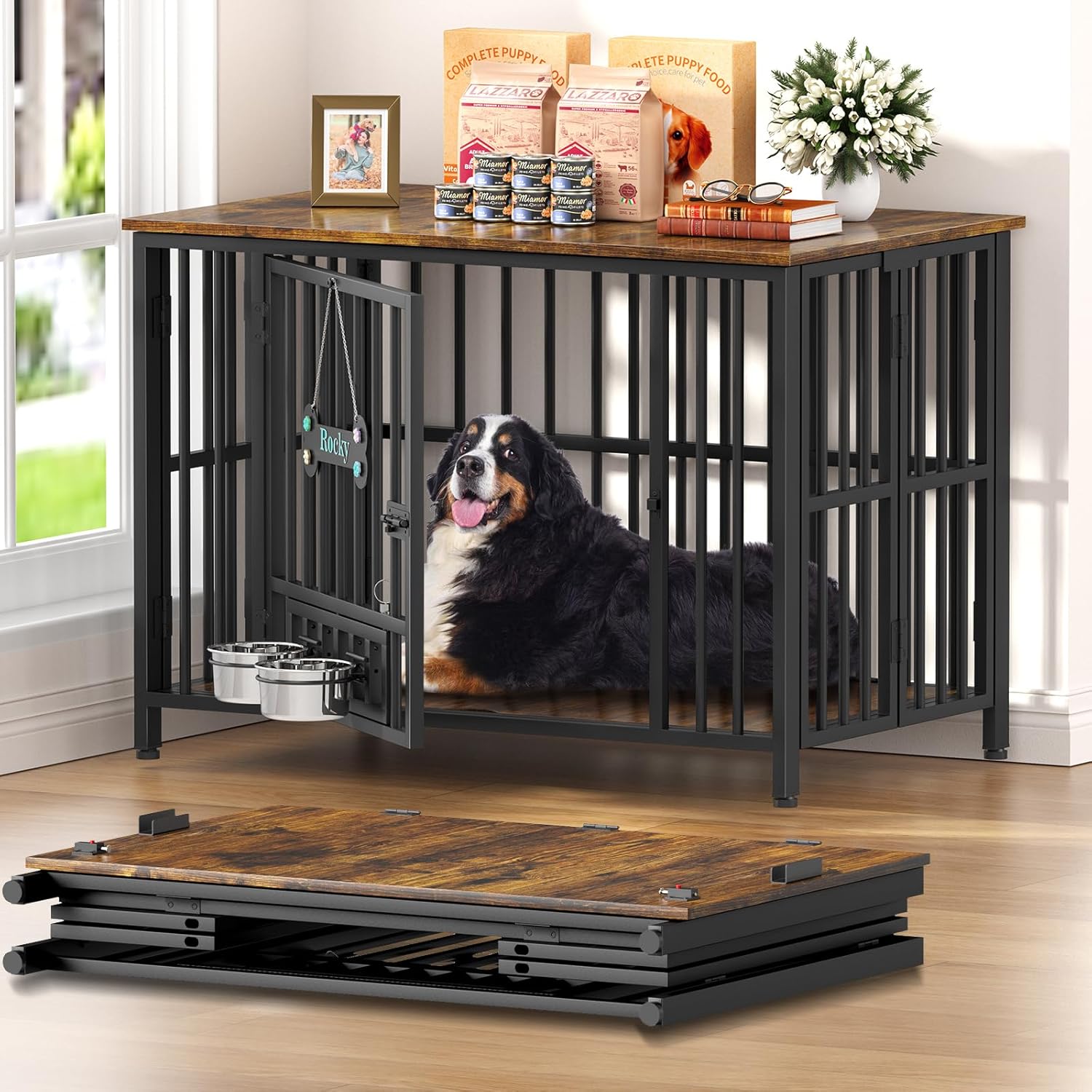 Easycom 41″ Dog Crate Furniture Foldable, No Assembly Decorative Dog Kennel Indoor, Dog Crates for Large Dogs(40-65 lb), Wooden Dog Cage with Adjustable Bowls and Name Tag, End Table, Rustic Brown