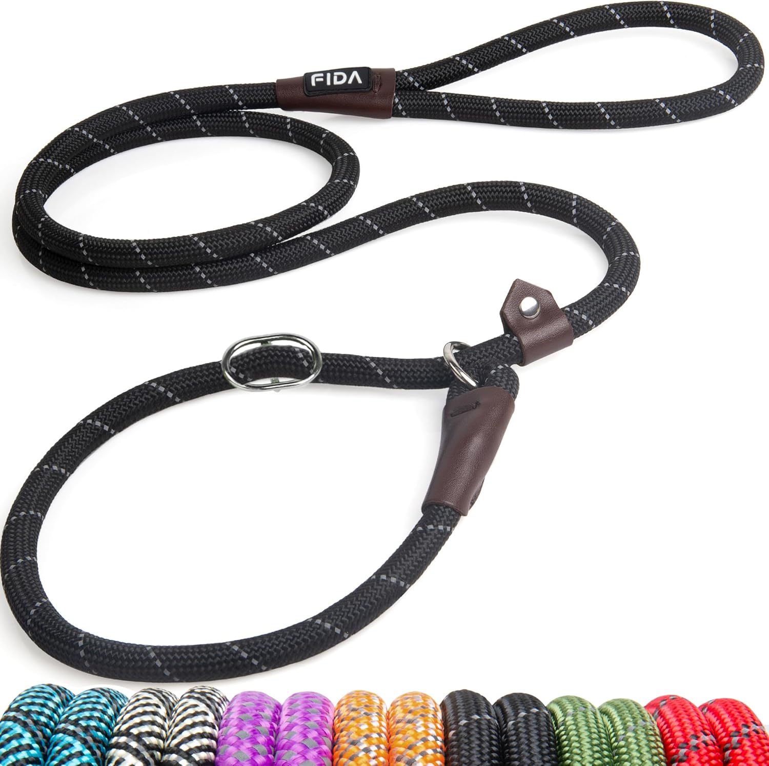 Fida Durable Slip Lead Dog Leash, 6 FT x 1/2″ Heavy Duty Dog Loop Leashes, Comfortable Strong Rope Slip Leash for Large Medium Dogs, No Pull Pet Training Lead with Highly Reflective(1/2″, Black)