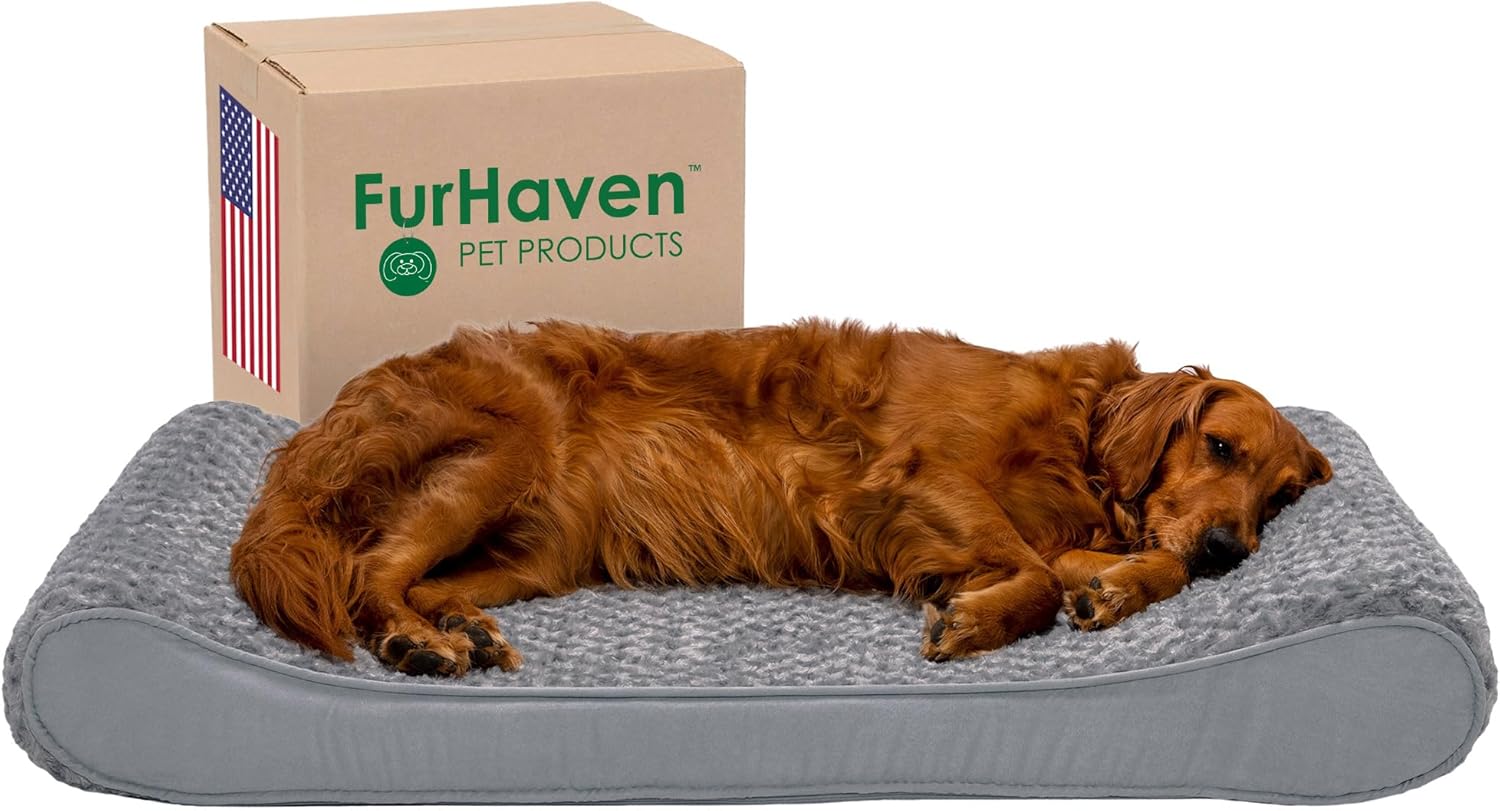Furhaven Orthopedic Dog Bed for Large Dogs w/ Removable Washable Cover, For Dogs Up to 75 lbs – Ultra Plush Faux Fur & Suede Luxe Lounger Contour Mattress – Gray, Jumbo/XL
