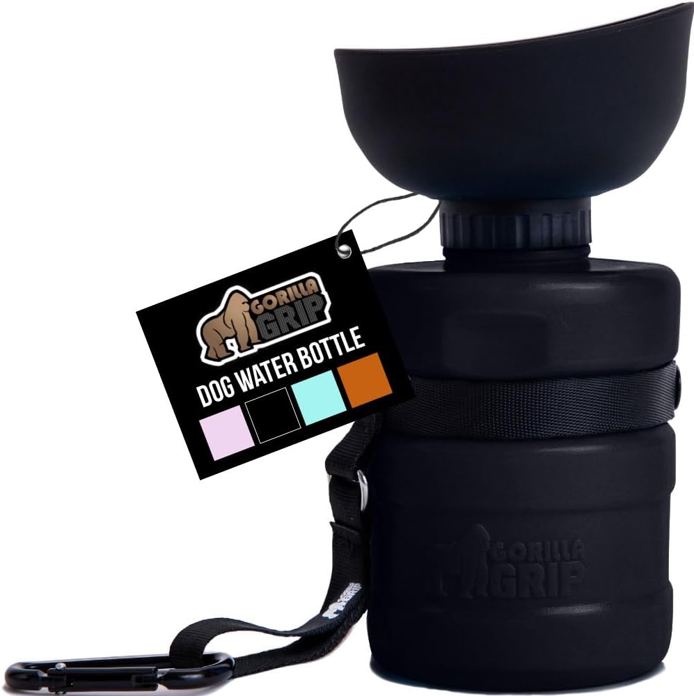 GORILLA GRIP Dog Water Bottle, Portable Water Bowl Dispenser for Dogs, 20 oz Leak Proof Pet Travel Squeeze Bottles, Food Grade Silicone, to Go Puppy Essentials, Hiking Camping Trip Accessories, Black