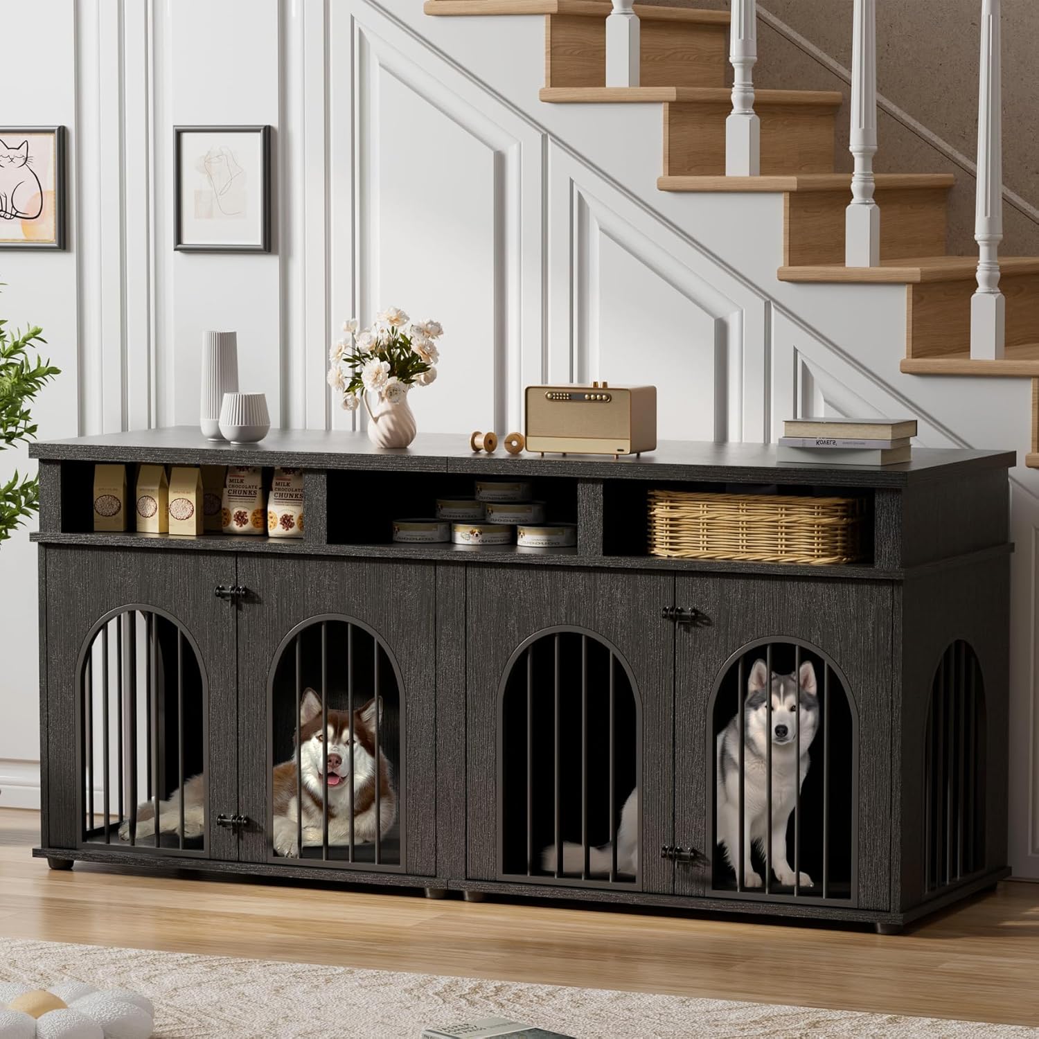 Garvee Double Dog Crate Furniture 71″ Dog Kennel Furniture for 2 Medium Dogs, Heavy Duty Dogs Cage XL Dogs House Indoor with 3 Storage Shelves, Large Puppy Crates with 8 Adjustable Feet