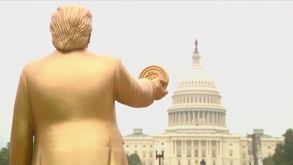 Giant Trump statue holding Bitcoin displayed outside US Capitol to mark Fed rate decision