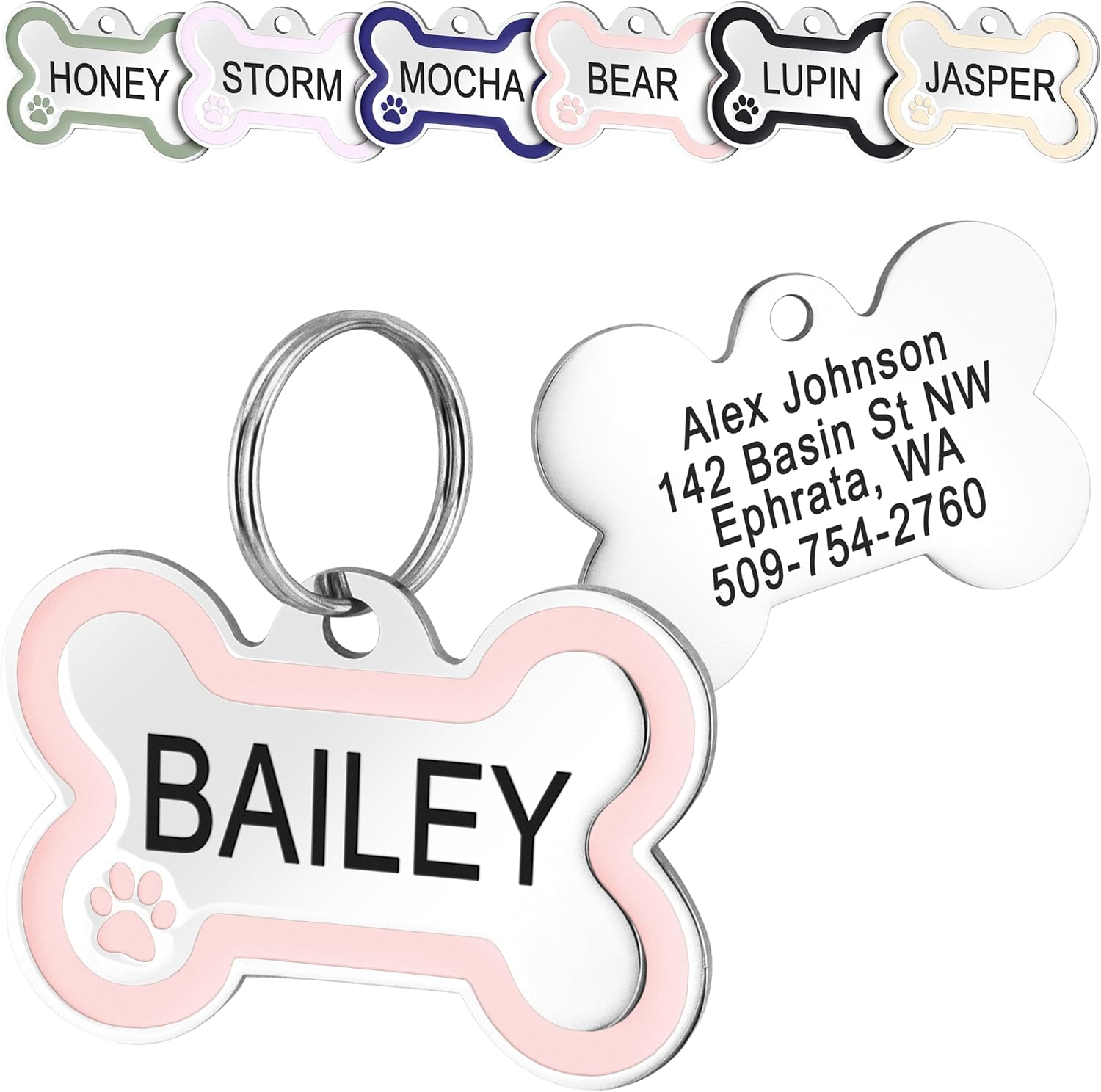 GoTags Stainless Steel Bone Dog Tag with Color Outline and Paw Print, Personalized Pet ID Tag for Dogs and Cats, Custom Engraving with up to 5 Lines of Text on Both Sides (Pink, Regular)
