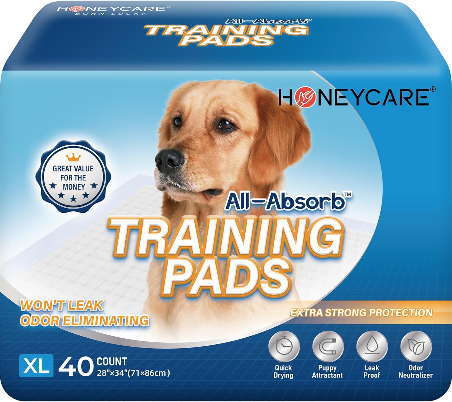 HONEY CARE All-Absorb, X-Large 28″ x 34″, 40 Count, Dog and Puppy Training Pads, Ultra Absorbent and Odor Eliminating, Leak-Proof 5-Layer Potty Training Pads with Quick-Dry Surface, Blue