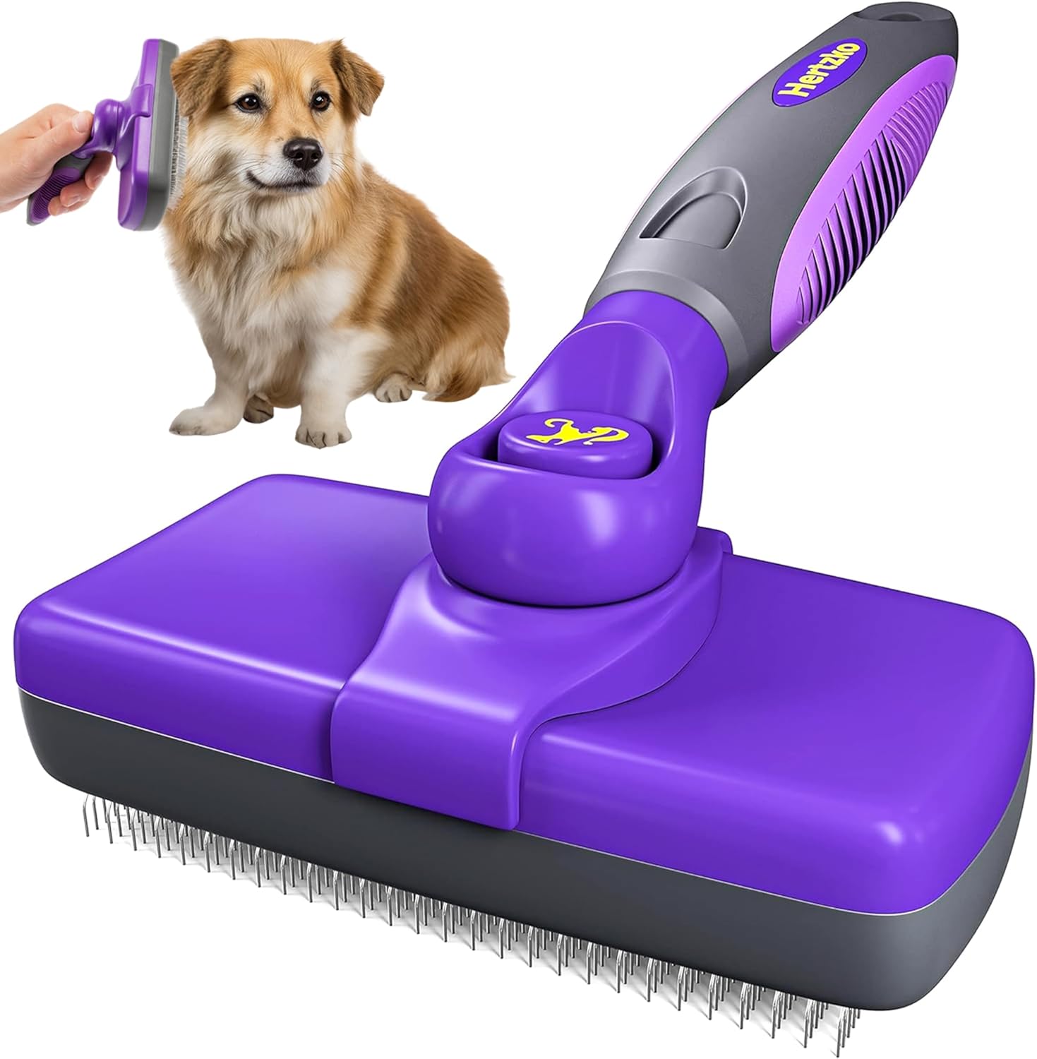 Hertzko Self Cleaning Slicker Brush for Dogs and Cats – Pet Hair Brush for Shedding Long and Short Hair – Easy Clean Retractable Bristles – Cat and Dog Grooming Tool – Purple
