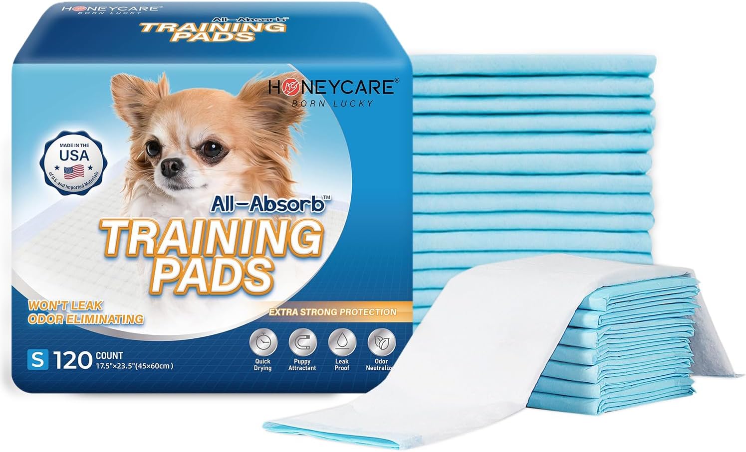 Honey Care All-Absorb, Small 17.5″ x 23.5″, 120 Count, Dog and Puppy Training Pads, Ultra Absorbent and Odor Eliminating, Leak-Proof 5-Layer Potty Training Pads with Quick-Dry Surface, Blue, A05 Honey Care All-Absorb, Small 17.5″ x 23.5″, 120 Count, Dog and Puppy Training Pads, Ultra Absorbent and Odor Eliminating, Leak-Proof 5-Layer Potty Training Pads with Quick-Dry Surface, Blue, A05