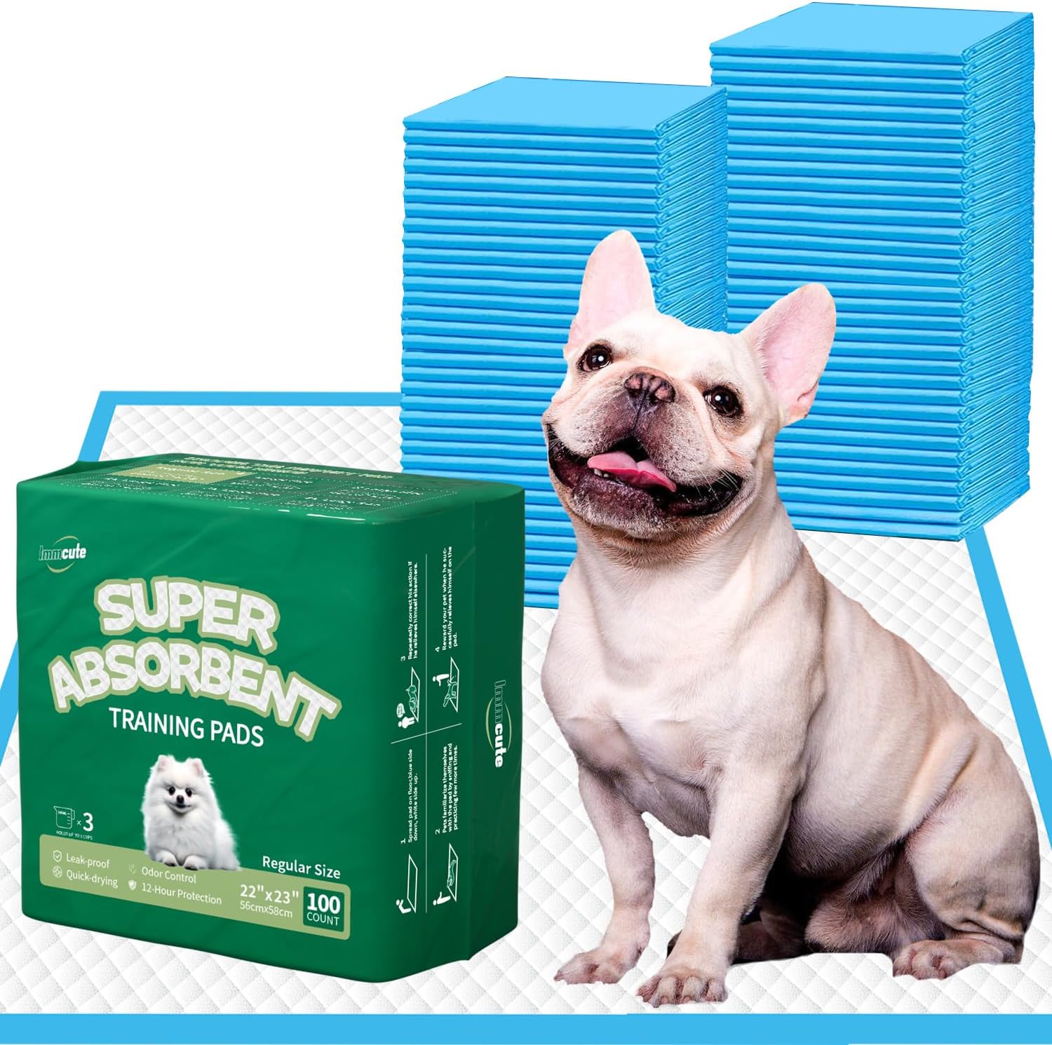 IMMCUTE Puppy Pads 22″x23″ 100 Count | 6-Layer Leak-Proof & Super Absorbent Dog Training Pads | Disposable Potty Pads for Puppies, Dogs, Cats & Rabbits | Blue & White
