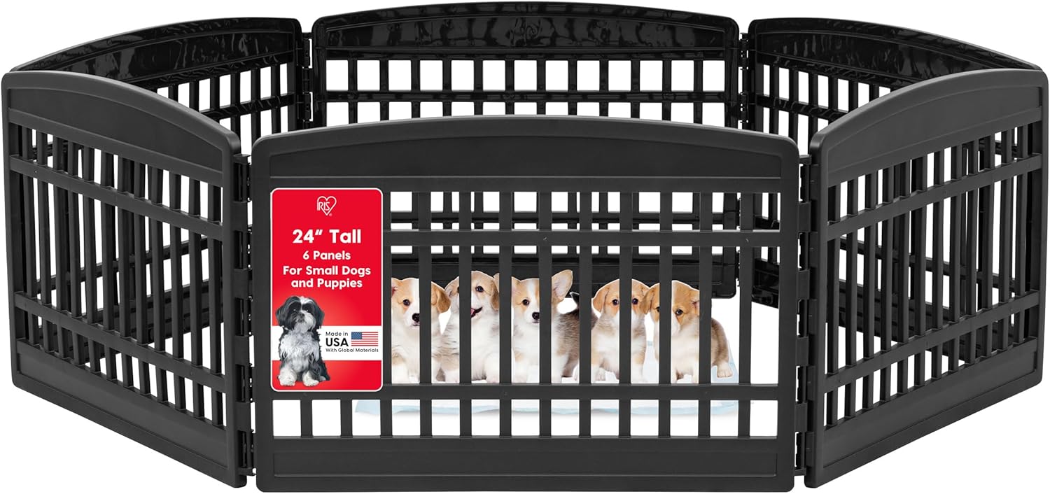 IRIS USA 24″ 6-Panel Puppy Playpen, 61 x 61 x 24, Puppy Fence, Dog Playpen, Dog Play Pen Indoors, Pet Fence, Puppies/Small Dogs, Black