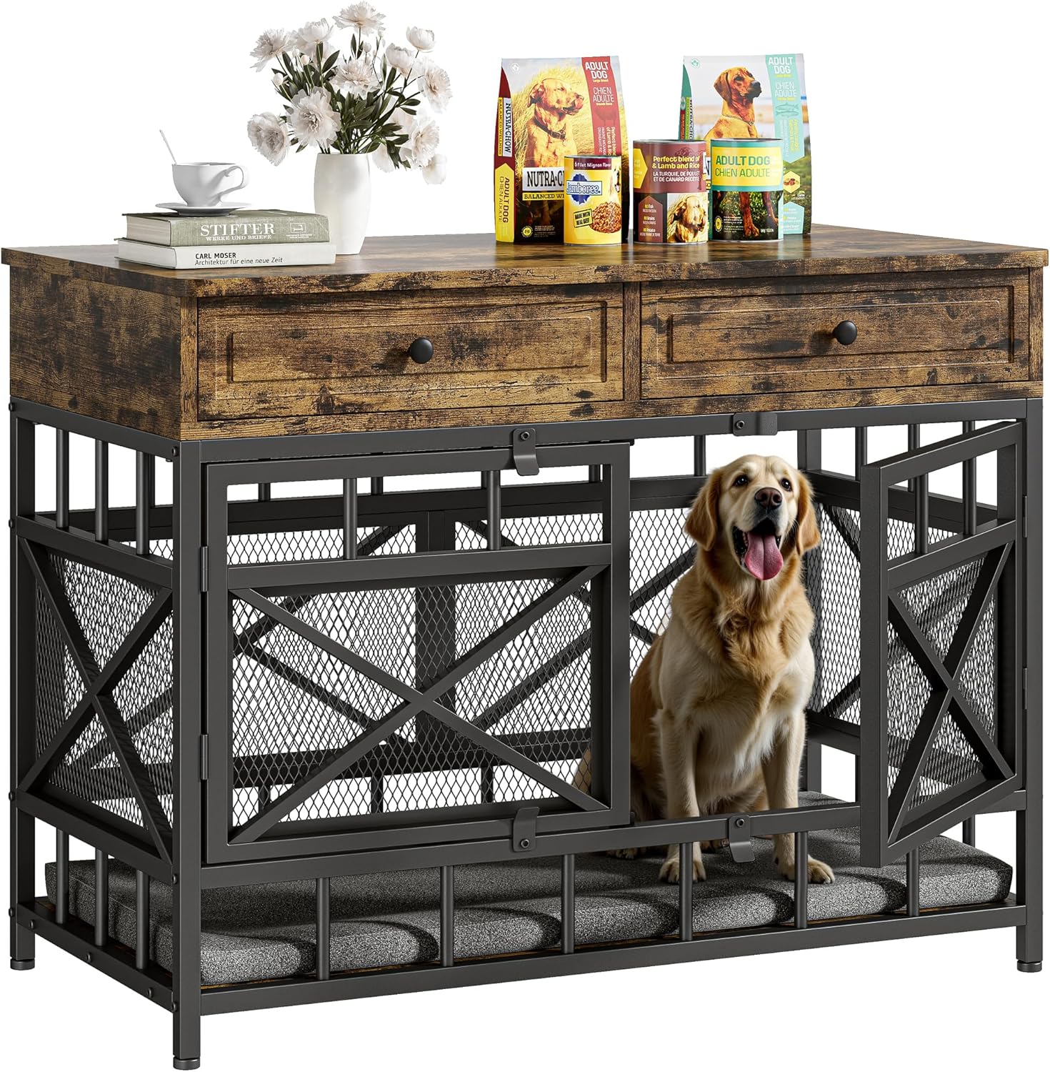 IRONCK 44 inch Large Dog Crate Furniture, Wooden Dog Kennel with Storage Drawers for Medium/Large Dogs, Decorative Dogs Kennel Indoor, Rustic Brown