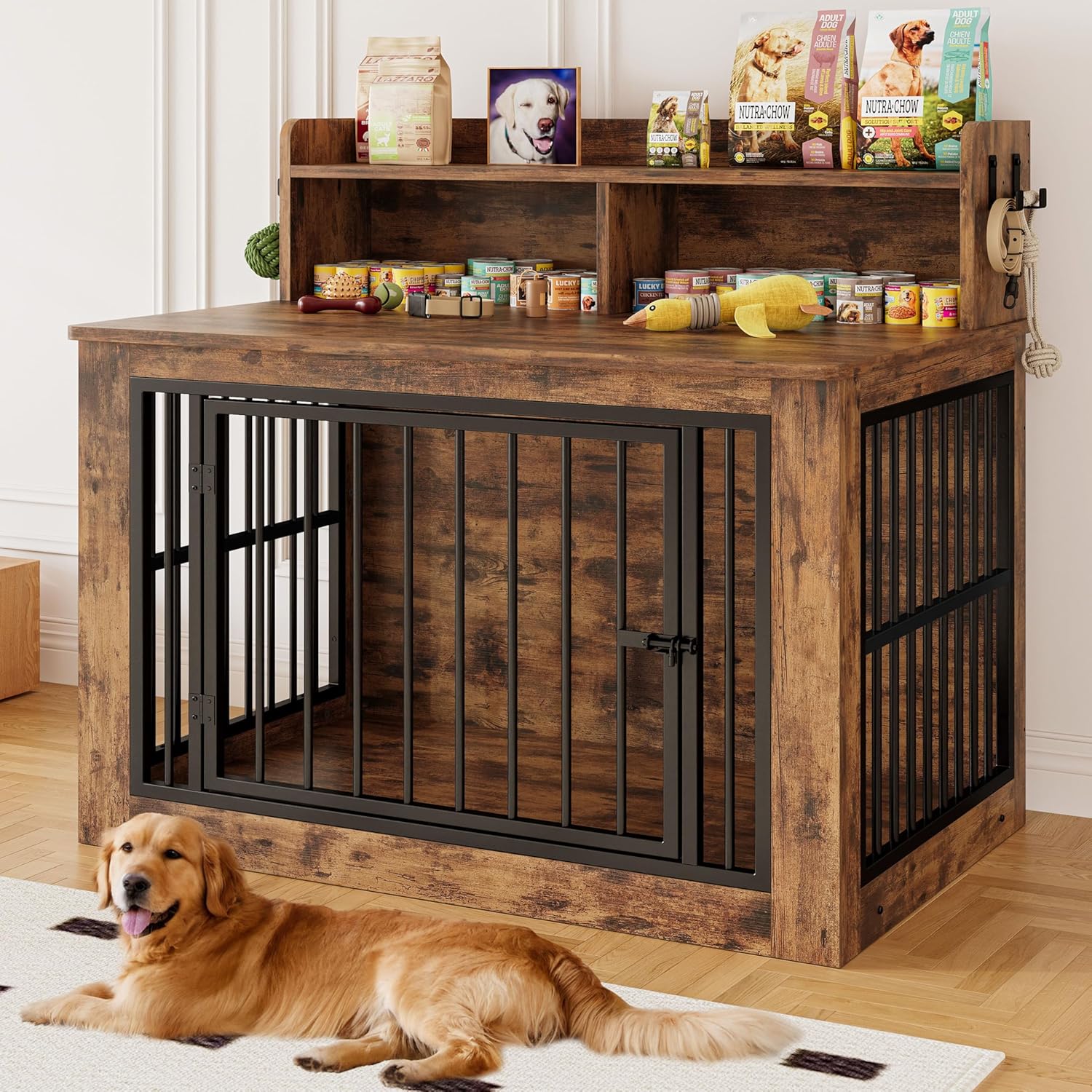 IRONCK Extra Large Dog Crate Furniture, 43.3 inches Wooden Dog Crate with Storage and 4 Hooks, Heavy Duty Pet Crate for Large Dog, Decorative Pet Cage for Indoor (30″ L x 43.3″ W x 41.1″ H)