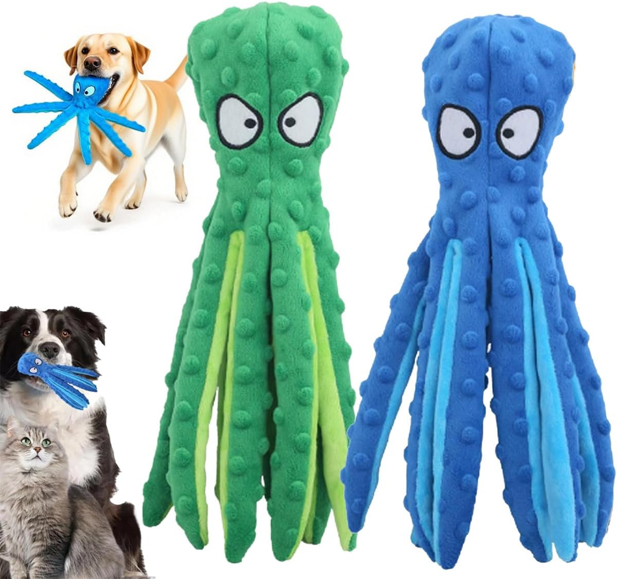 Interactive Dog Toys Octopus – No Stuffing Crinkle Squeaky Plush Chew Toys for Puppy Teething, Durable Chew Toys for Small Medium Large Dogs to Reduce Boredom, 2 Pack