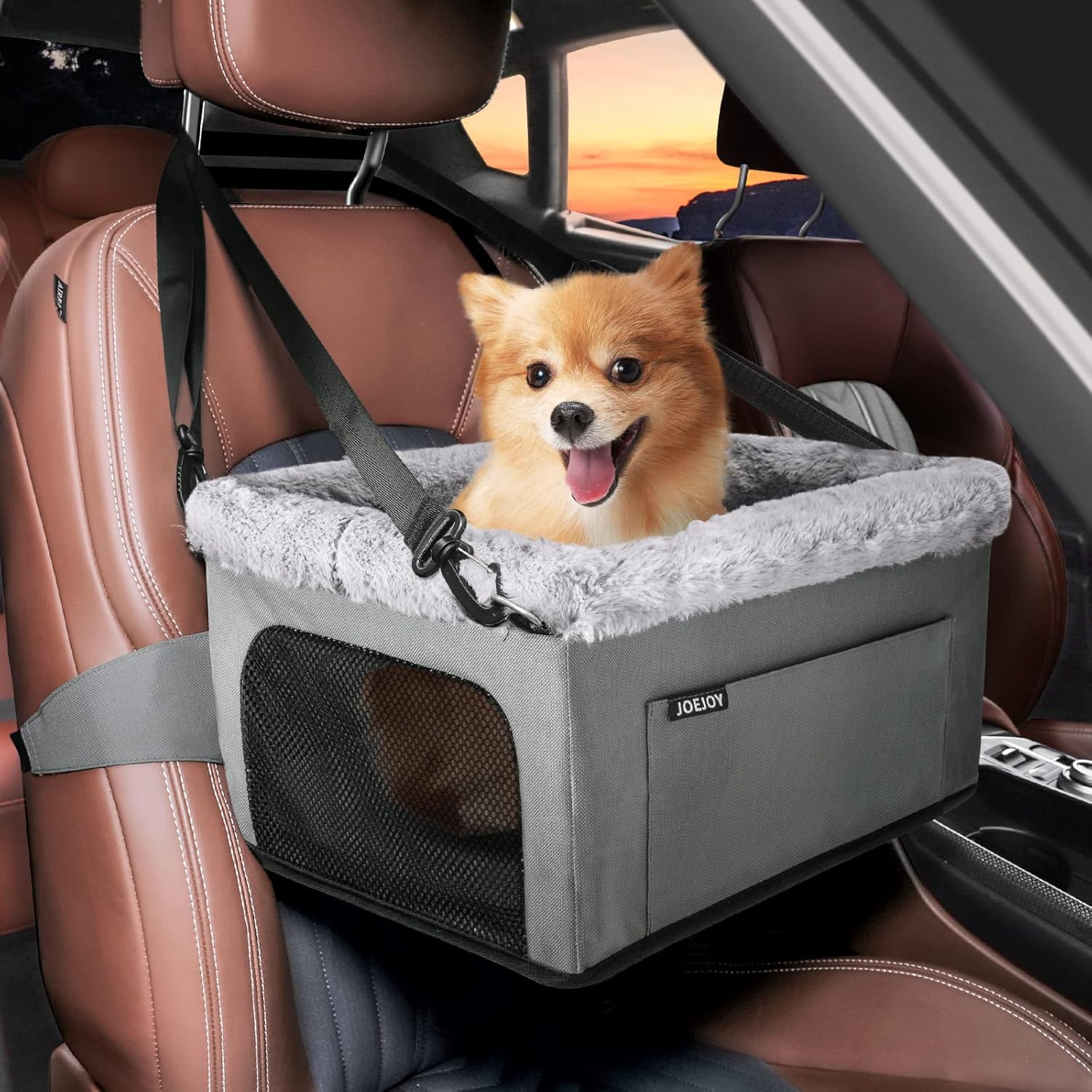 JOEJOY Deluxe Dog Booster Seat with Sturdy Metal Frame and Safety Leash for Small Pets up to 20 lbs – Portable Puppy Dog Car Seat with Thick Cushion and Storage Pockets for Small Dogs