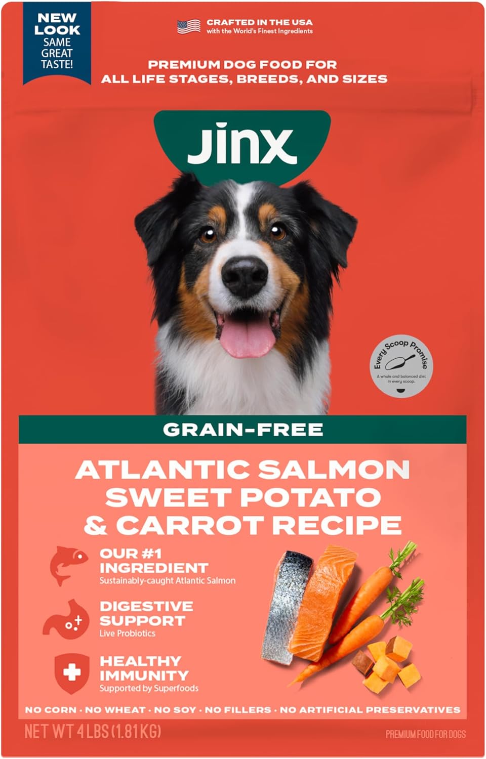 Jinx Premium Grain-Free Dry Dog Food, for All Lifestages – Real Salmon, Sweet Potato & Carrot Puppy Kibble with Superfoods for Immune Support & Probiotics for Digestive Support – No Fillers – 4lb