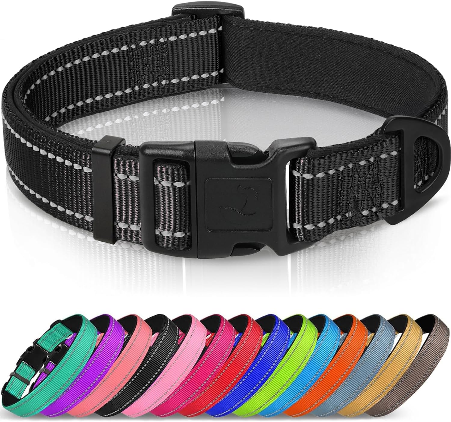 Joytale Reflective Dog Collar,Soft Neoprene Padded Breathable Nylon Pet Collar Adjustable for Large Dogs,Black,L
