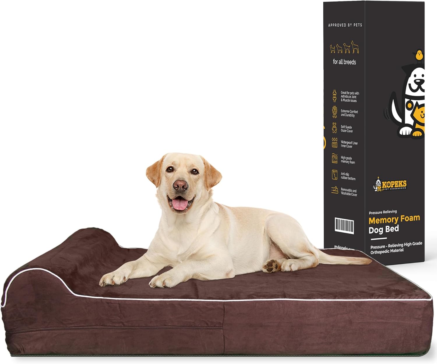 KOPEKS Orthopedic Memory Foam Dog Bed 7″ Inch Thick Extra Large Dog Bed With Pillow Brown 50″x34″x10″ Includes Waterproof Liner & Durable Removable Cover With Smart Design