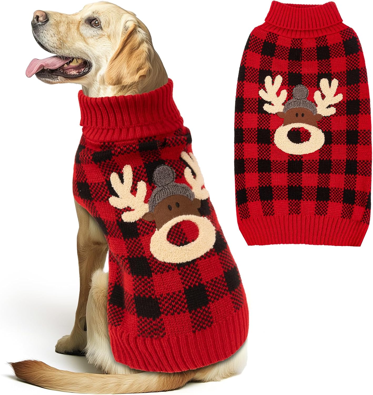 KYEESE Dog Christmas Sweater Reindeer Christmas Dog Sweater for Medium Dogs with Leash Hole Large Dogs Christmas Sweater Red Buffalo Check Pet Sweater Pet Christmas Outfit,XXL