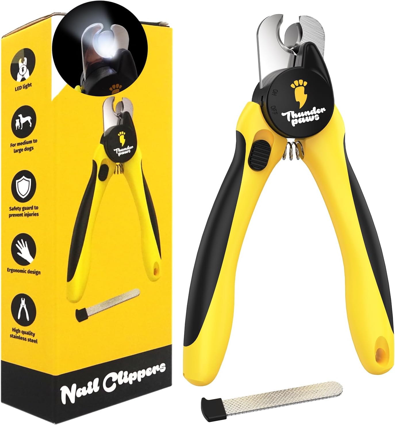 LED Dog Nail Clippers with Light, Trimmers with Protective Guard, Quick Sensor, Safety Lock and Nail File – Suitable for Large and Small Dogs & Cats (Yellow, LED)