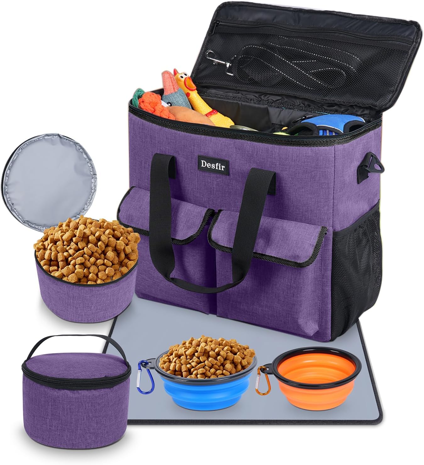 Large Pet Travel Bag Organizer – Dog & Cat Tote with Food Containers, Bowls, Feeding Mat, Perfect for Camping, Hiking (Multi-Pocket Design)
