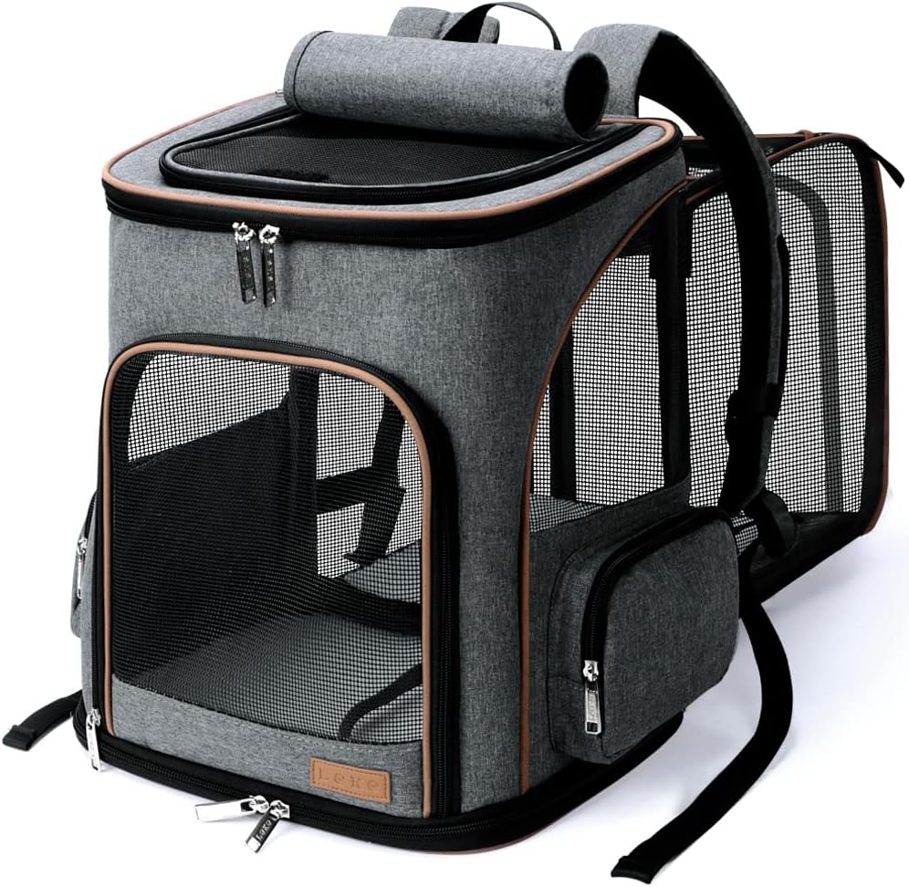 Lekereise Pet Carrier Backpack Expandable Cat Backpack for Medium Dogs and Large Cats 20-25 Lbs,14“L * 12.5″ W * 16.14″ H, Grey