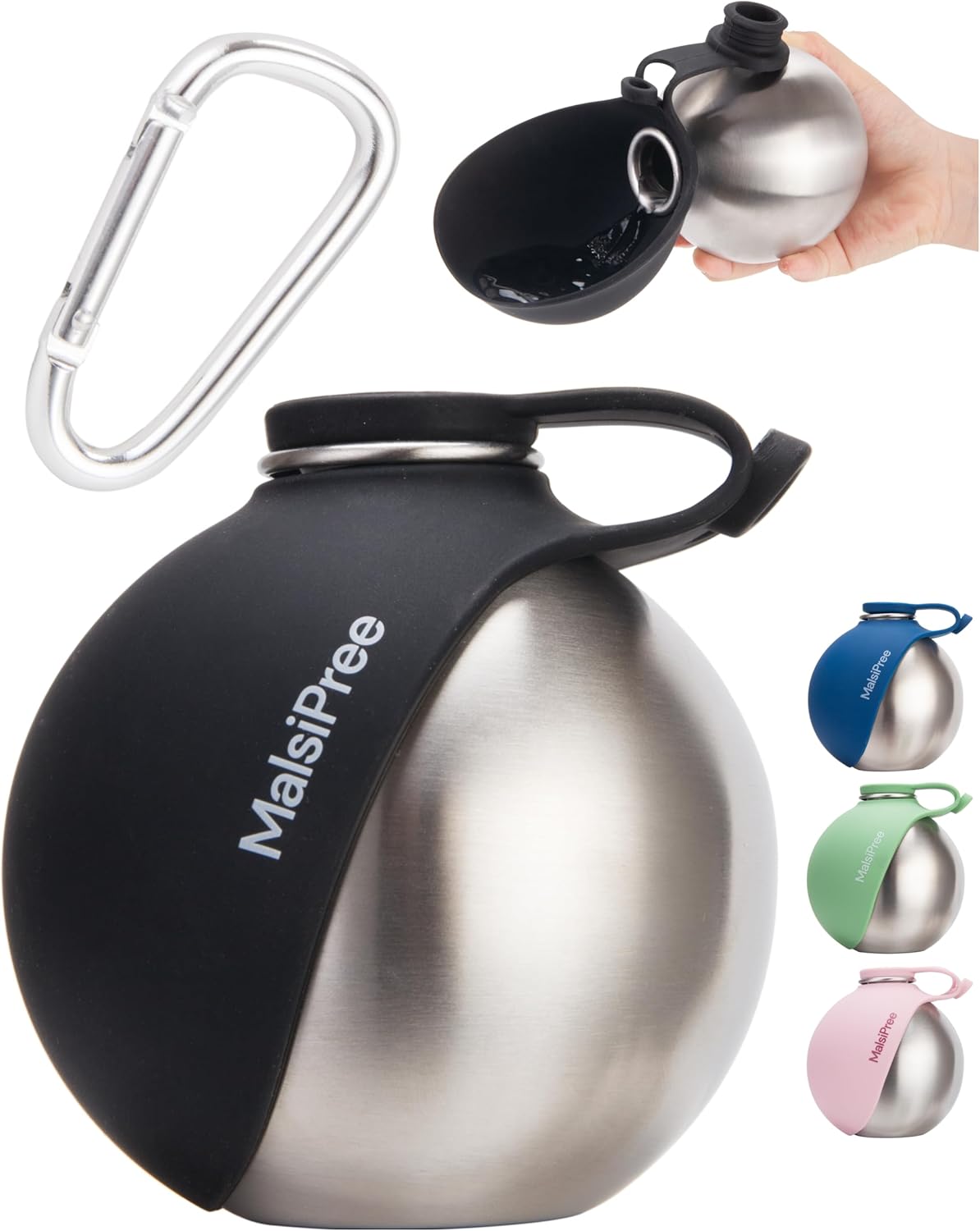 Malsipree 2-in-1 Portable Dog Water Bottle & Bowl for Small Dogs – Leak Proof & Insulating – Travel Water Dispenser – Stainless Steel Bottle & Silicone Bowl – Walking & Hiking (10 fl oz, Black)
