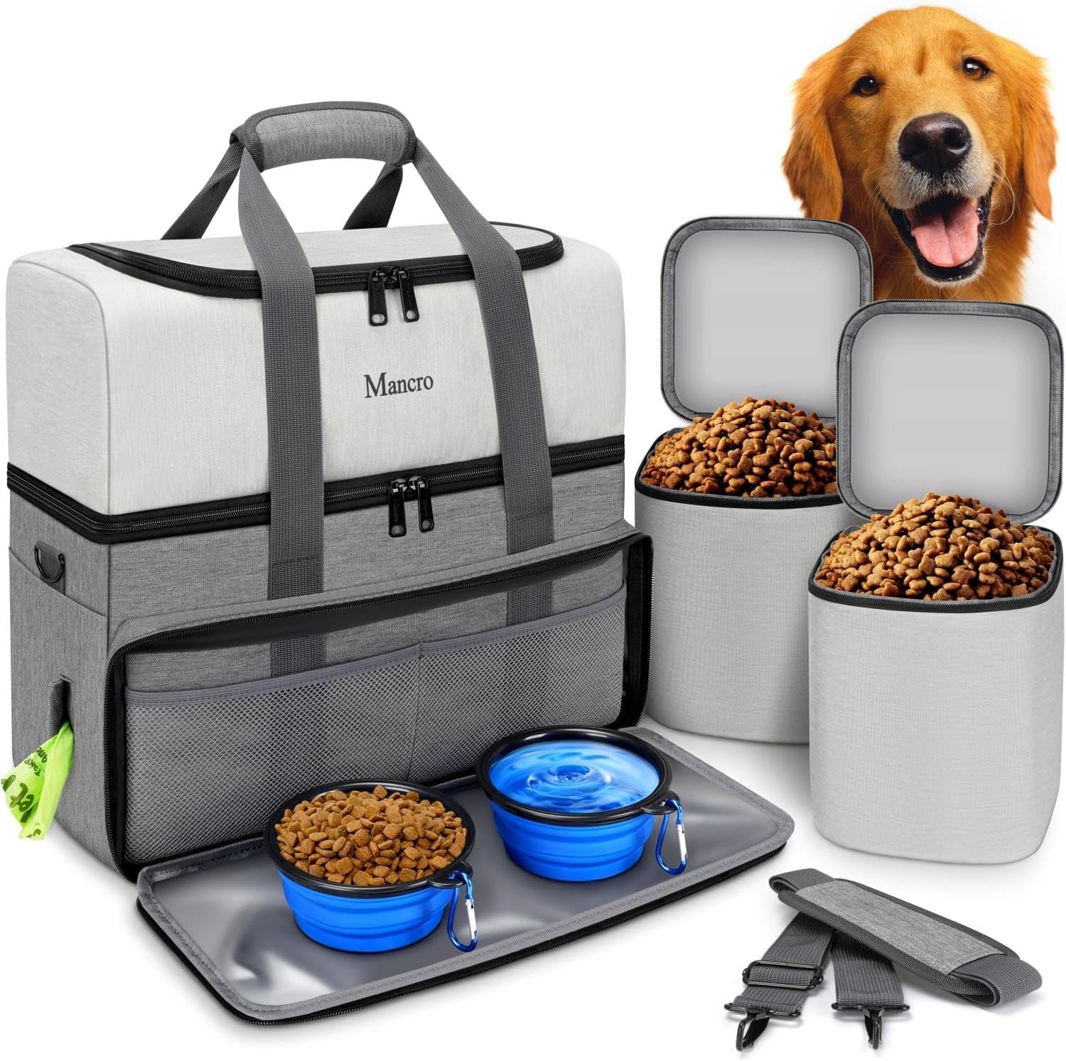 Mancro Dual Layers Dog Travel Bag, Pet Travel Bags with 2 Extra Large Food Containers, 2 Collapsible Dog Bowls, Multi-Pockets Tote Organizer for Pet Supplies, Road Trip Essentials, Weekend Camping
