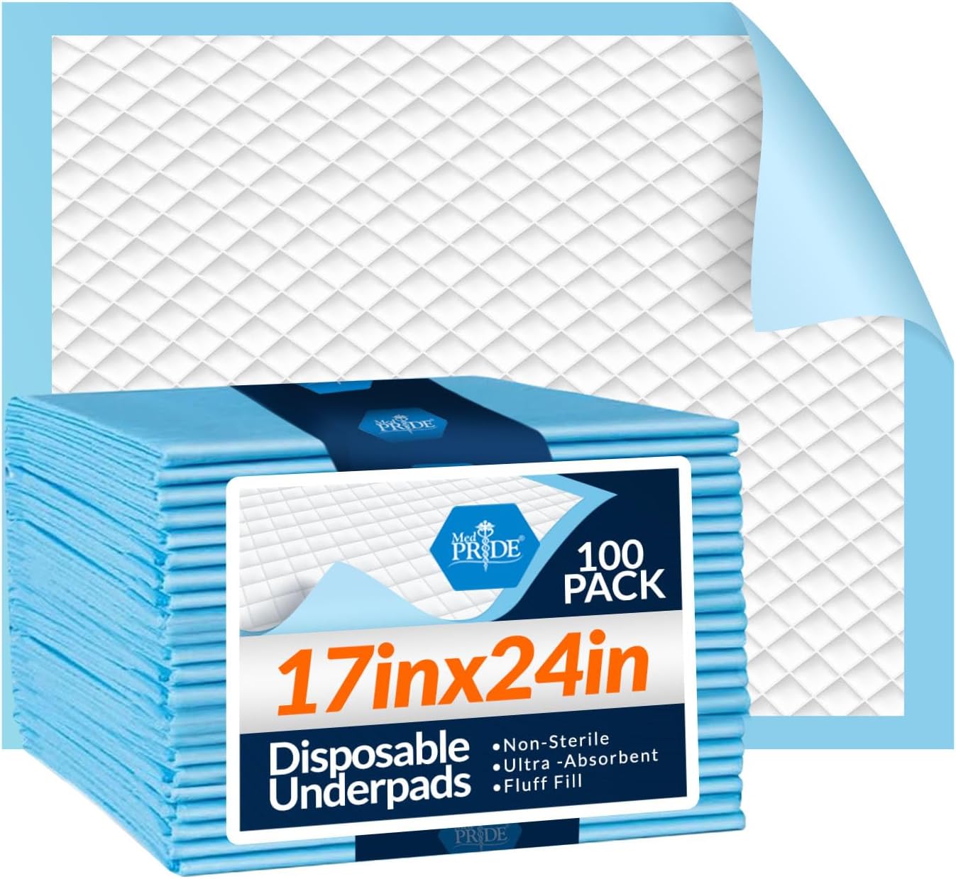 Medpride Disposable Underpads 17” x 24” (100-Count) Incontinence Pads, Bed Covers, Puppy Training | Thick, Super Absorbent Protection for Kids, Adults, Elderly | Liquid, Urine, Accidents