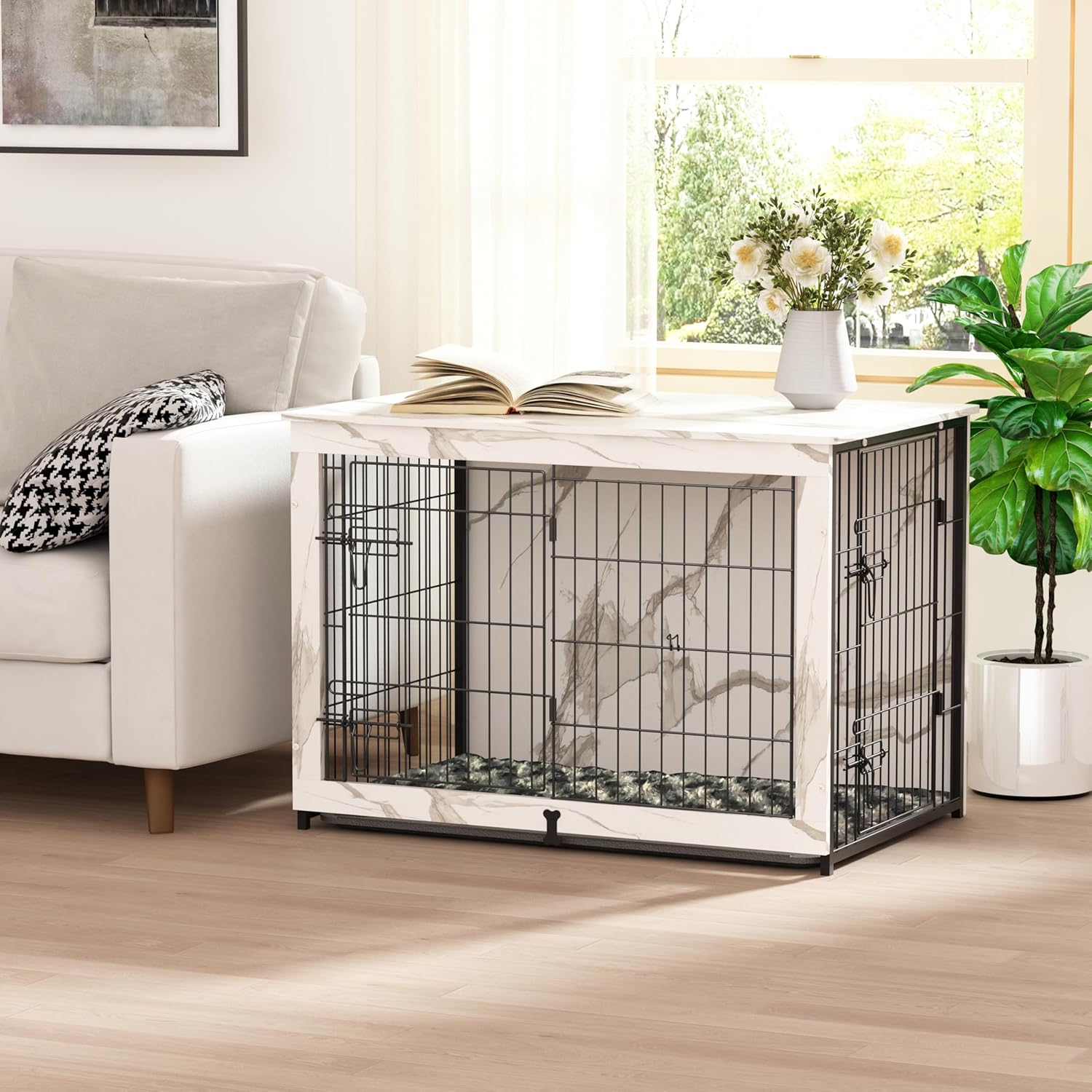 Megidok Wooden Dog Crate Furniture with Cushion,Large Dog Crate End Table with Tray, Double Doors Kennels Indoor (37″ L*25″ W*26″ H, Marble White)