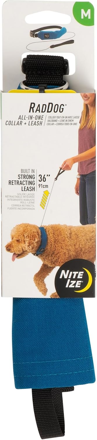 Nite Ize Raddog All-in-One Collar and Leash Combo – Heavy-Duty Dog Collar with Built-in Retractable Leash – 16″ to 18″ Collar – Blue, Medium