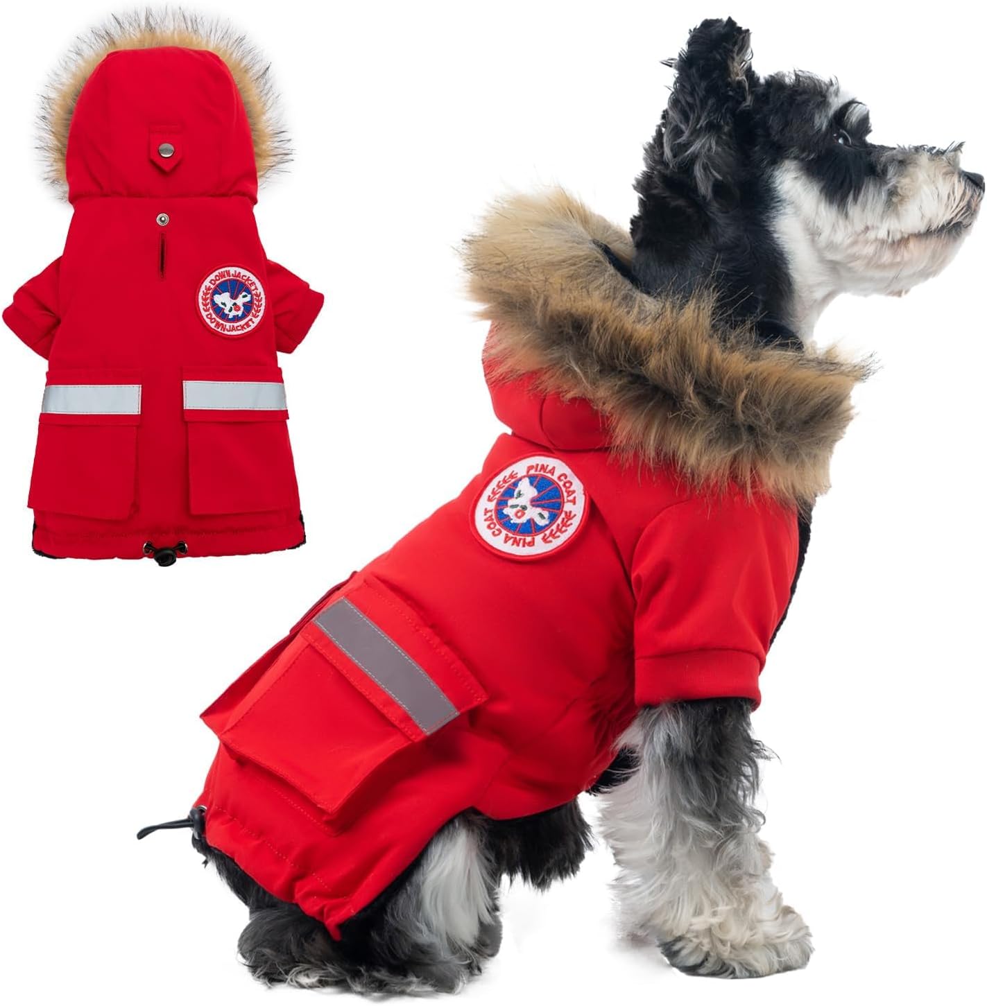 PINA Dog Coats – Waterproof Winter Jacket with Flannel Lining, Faux Fur Hood & Pocket for Small Dogs