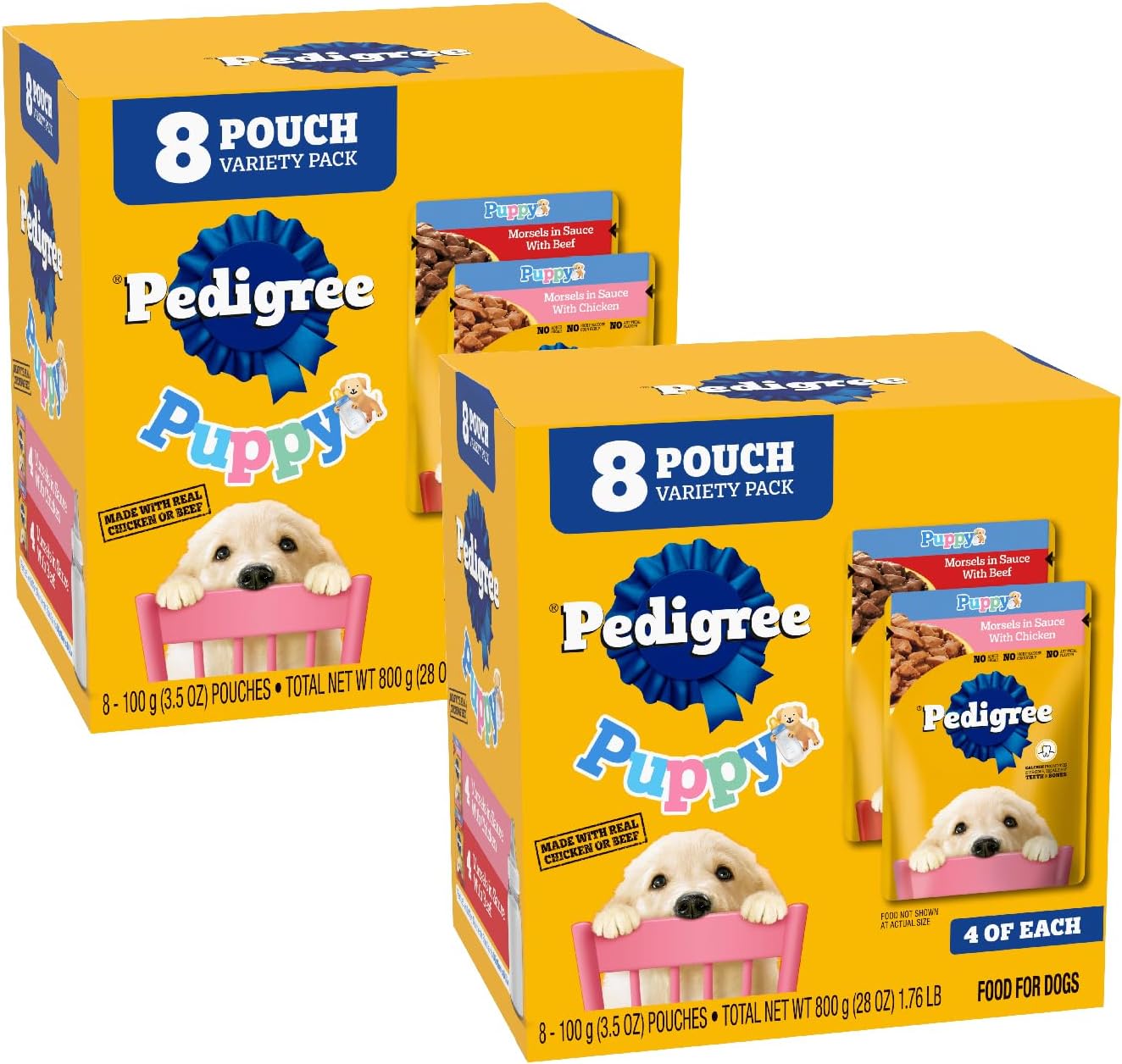 Pedigree Puppy Soft Wet Dog Food Variety Pack, 3.5 oz. Pouches, 8 Count (Pack of 2)