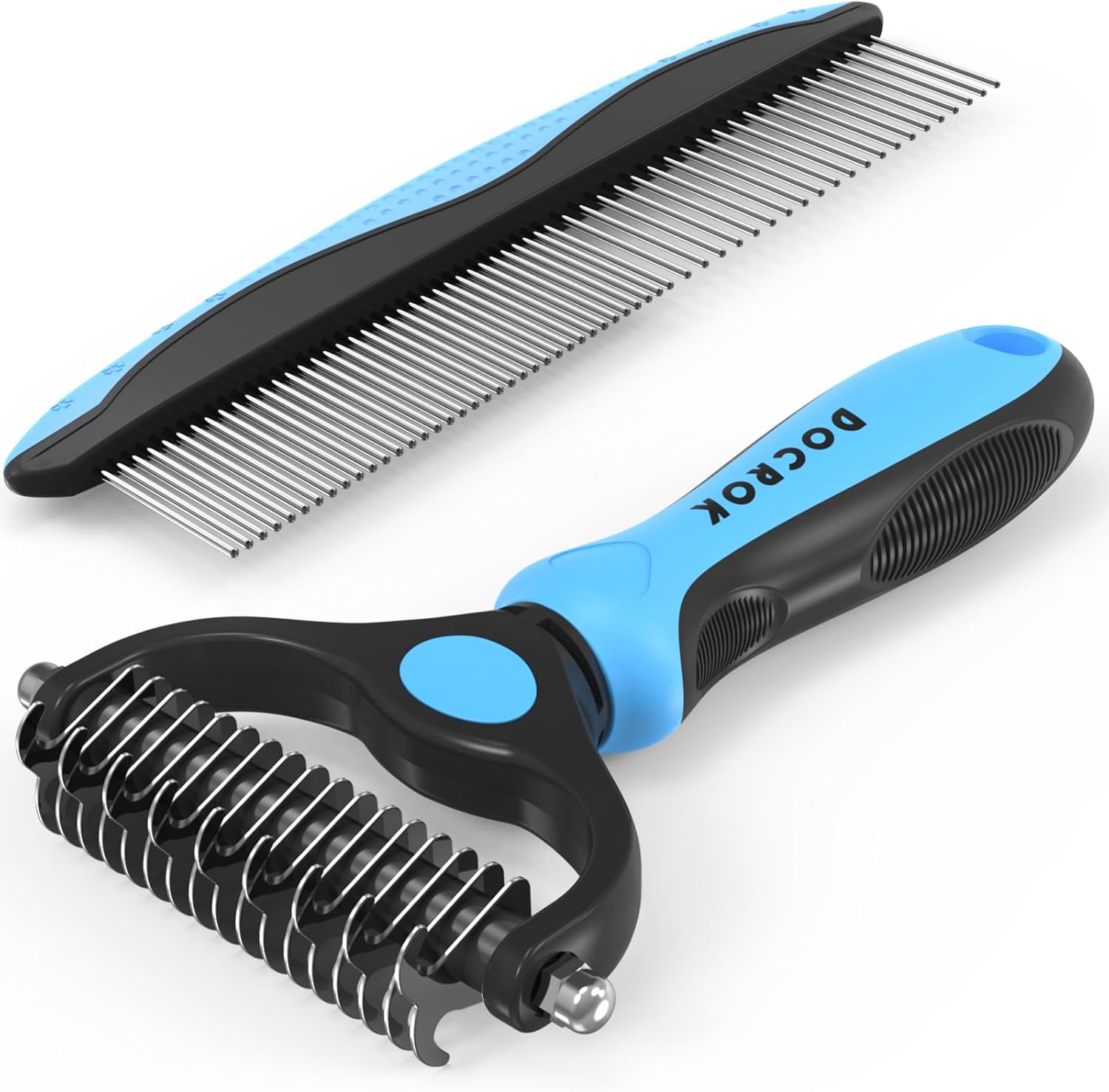 Pet Grooming Combo – Blue Deshedding Brush with Metal Comb for Detangling and Dematting Long, Matted Fur on Cats and Dogs