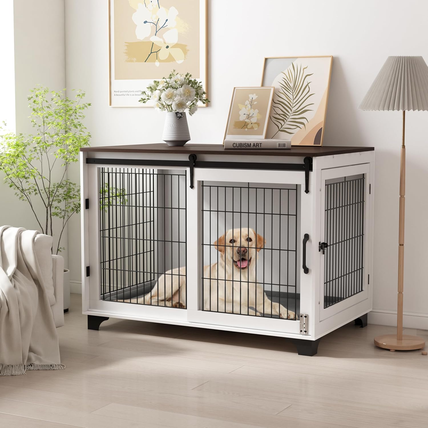 Piskyet Dog Crate Furniture Barn Door Dog Crate for Large Dogs Up to 80 lbs,Sliding Door Dog Crate Modern Decorative End Side Table Nightstand