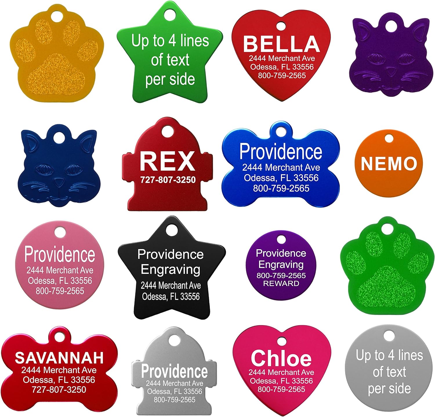 Providence Engraving Pet ID Tags – Small or Large Personalized Anodized Aluminum Pet Tags in Bone, Round, Star, Heart, Hydrant, Paw and Cat Face Shapes and 9 Colors for Dog and Cat