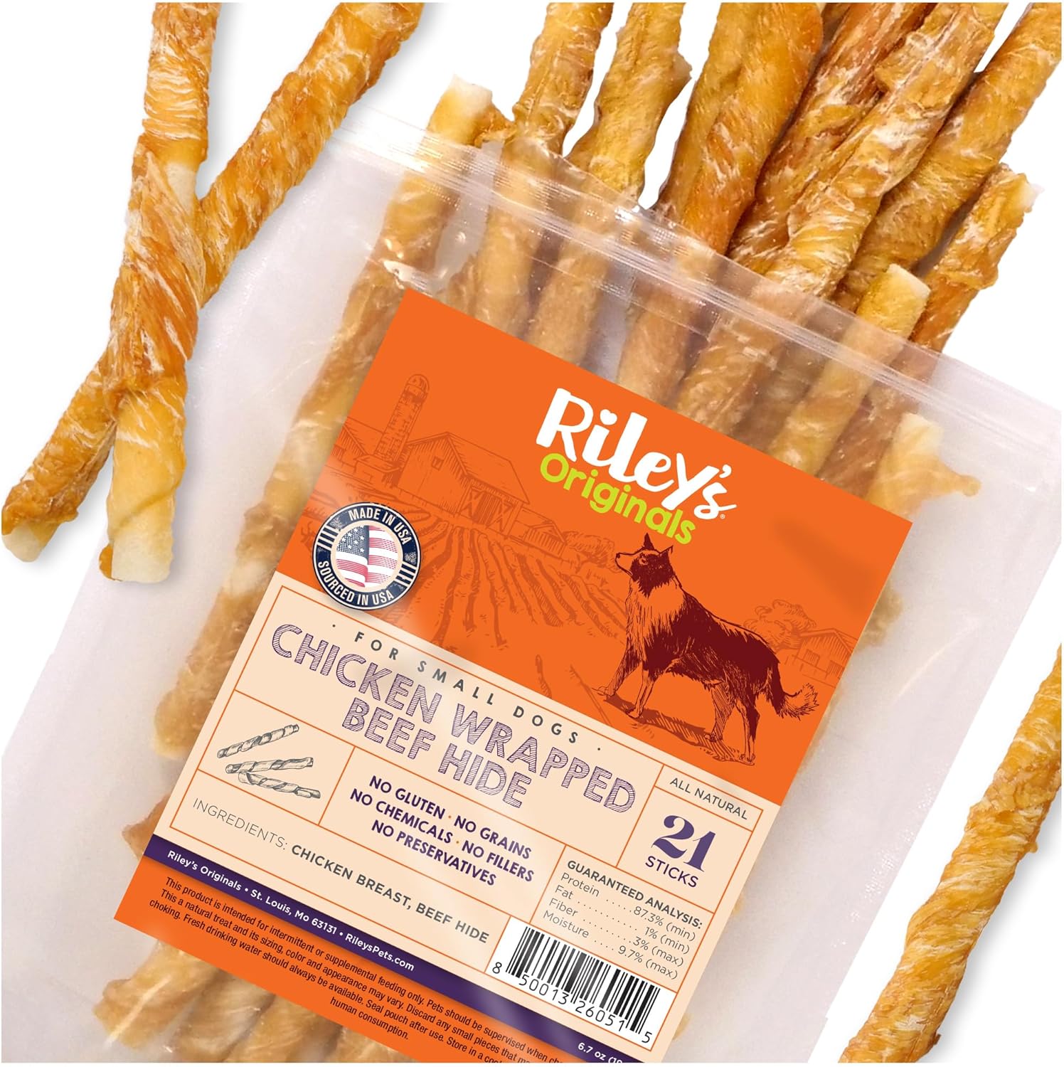 Riley’s Chicken Wrapped Beef Sticks – Made with USA Sourced Dehydrated Chicken Breast & Beef Hide – Dog Snacks for Small Dogs and All Natural Chew Sticks – 21 Small Twists