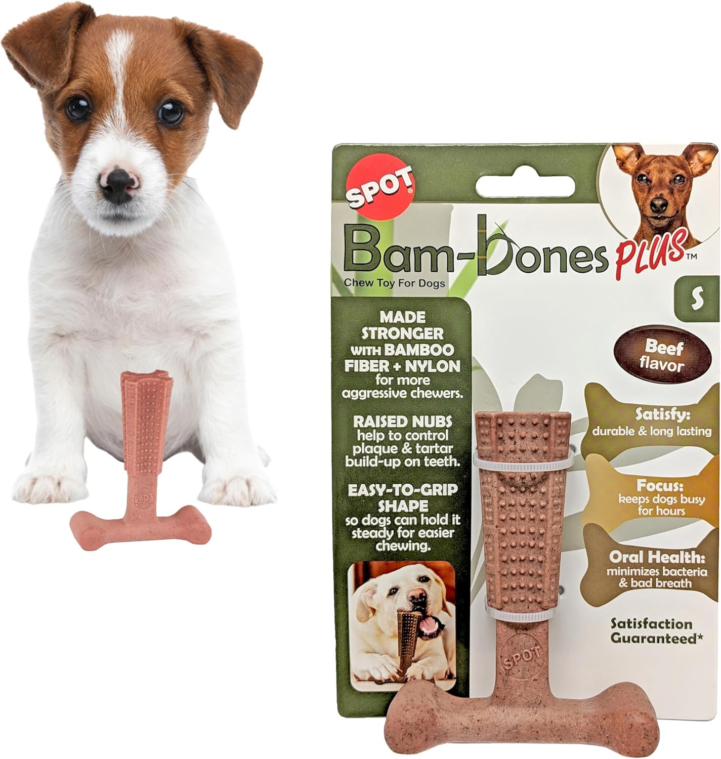 SPOT Bam-Bones Plus T Bone – Bamboo Fiber & Nylon, Durable Long Lasting Dog Chew for Aggressive Chewers – Great Toy for Adult Dogs & Teething Puppies Under 30lbs, Non-Splintering, 4in, Beef Flavor