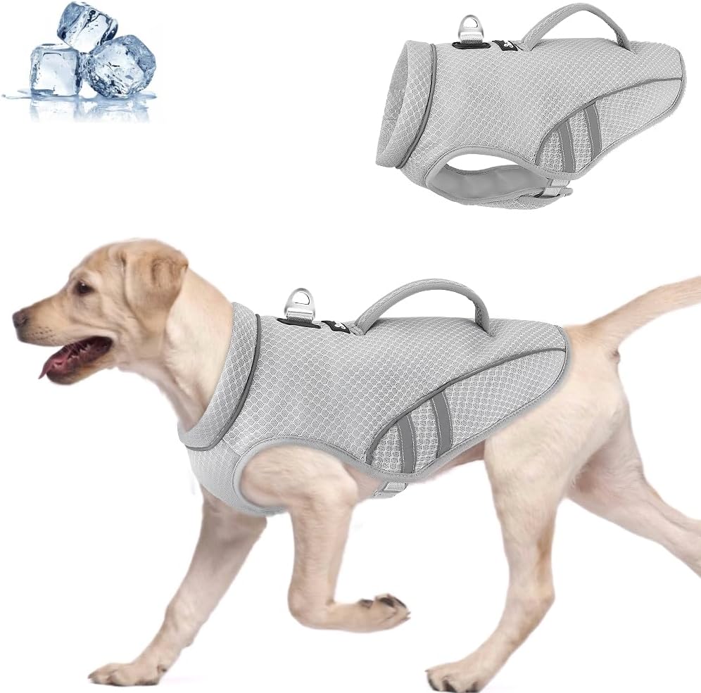 SlowTon Dog Cooling Vest with Handle – Pocket for Ice Pack, UV Protection Breathable Cooling Shirt for Large Medium Small Dog, Adjustable Cooling Jacket for Outdoor Hiking Walking Summer (GY, L)